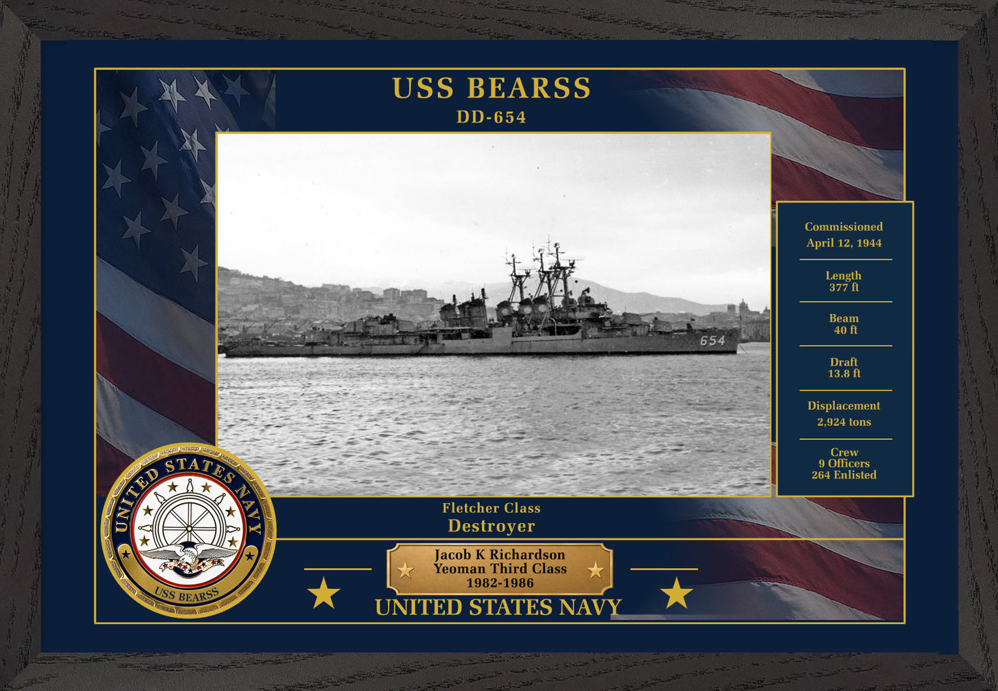 USS Bearss DD-654 Framed Patriotic Photo