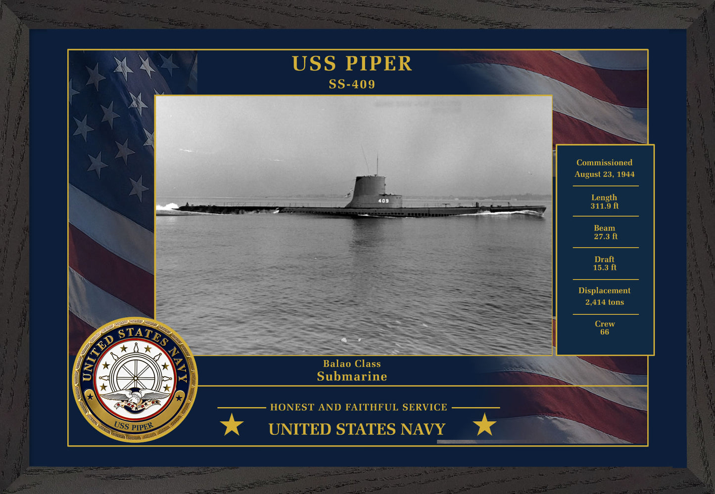 USS Piper SS-409 Framed Patriotic Photo