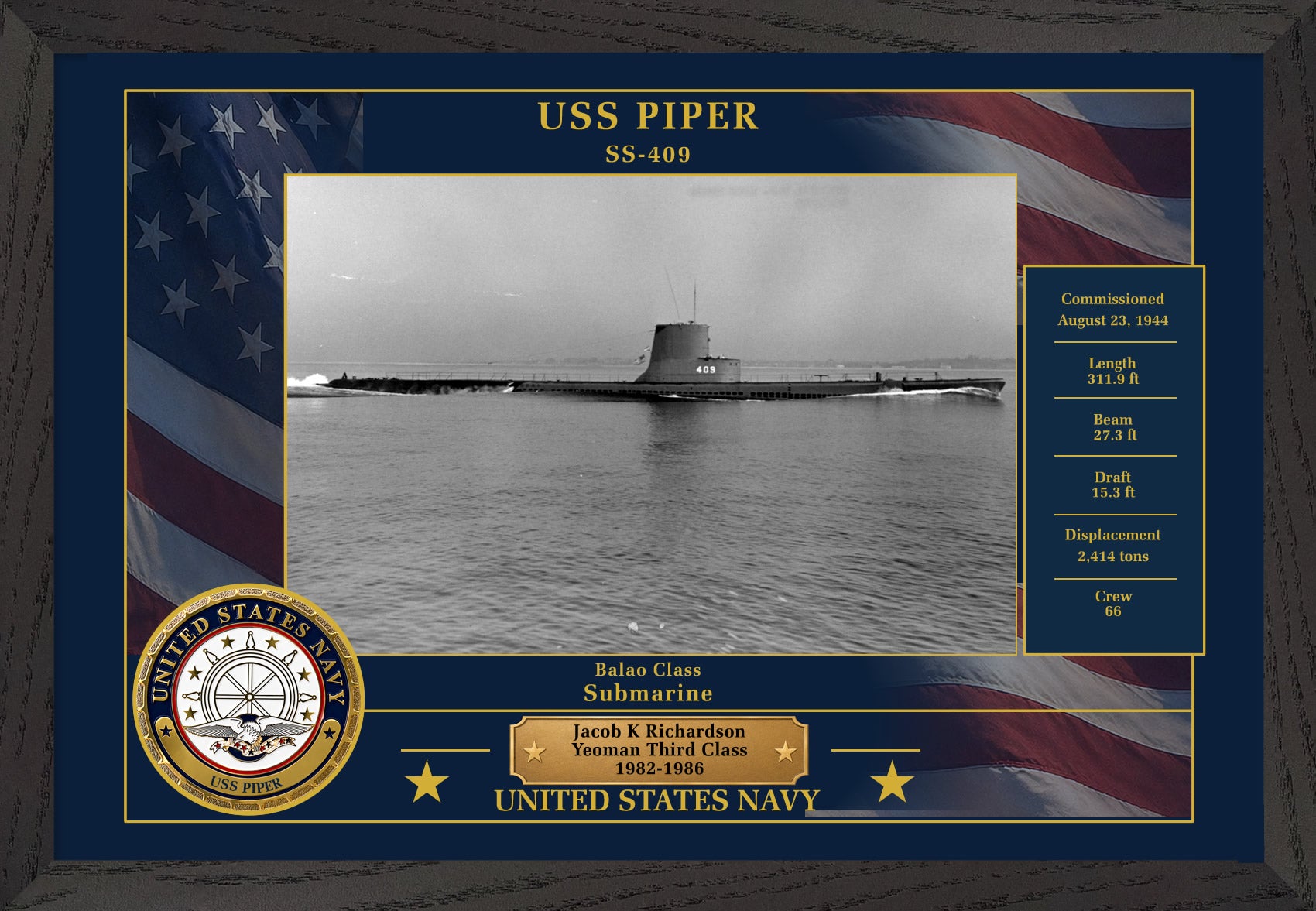 USS Piper SS-409 Framed Patriotic Photo