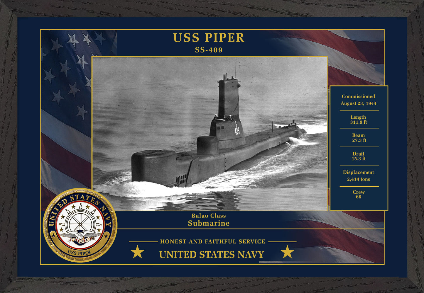 USS Piper SS-409 Framed Patriotic Photo