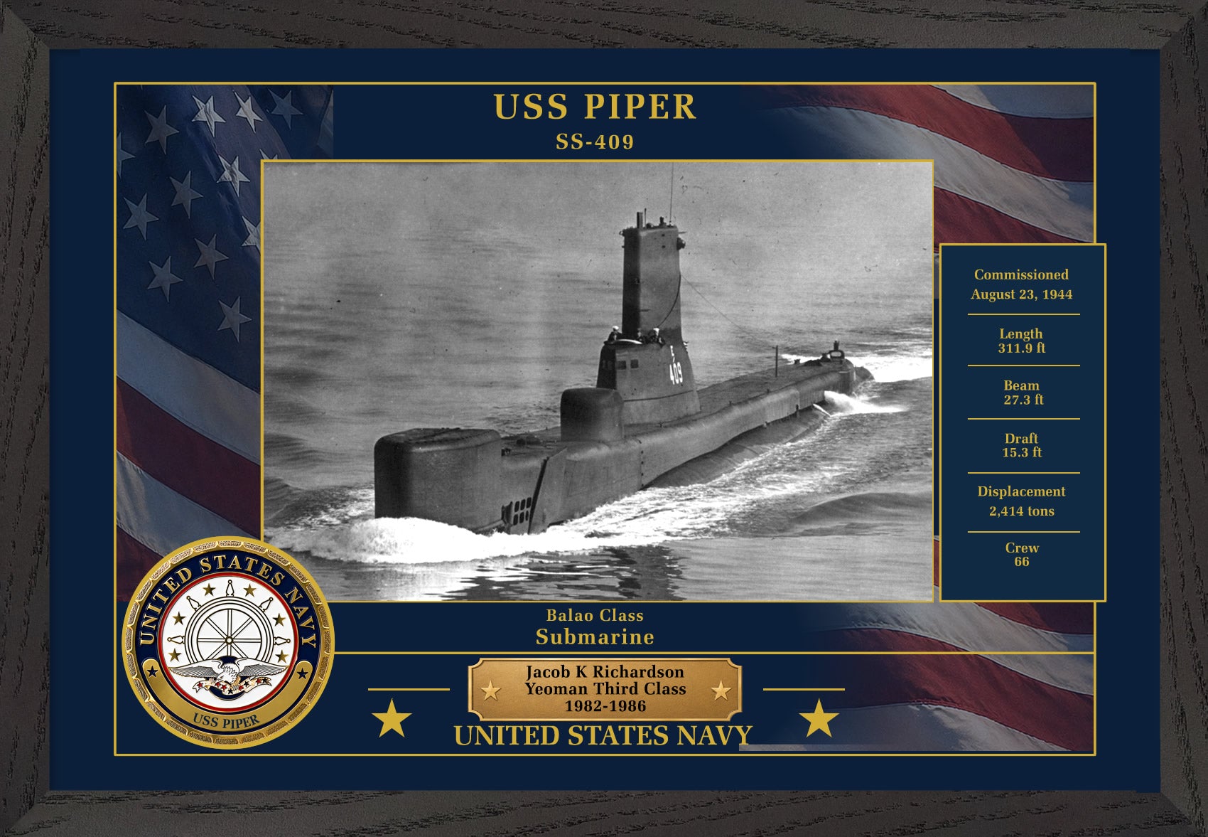 USS Piper SS-409 Framed Patriotic Photo