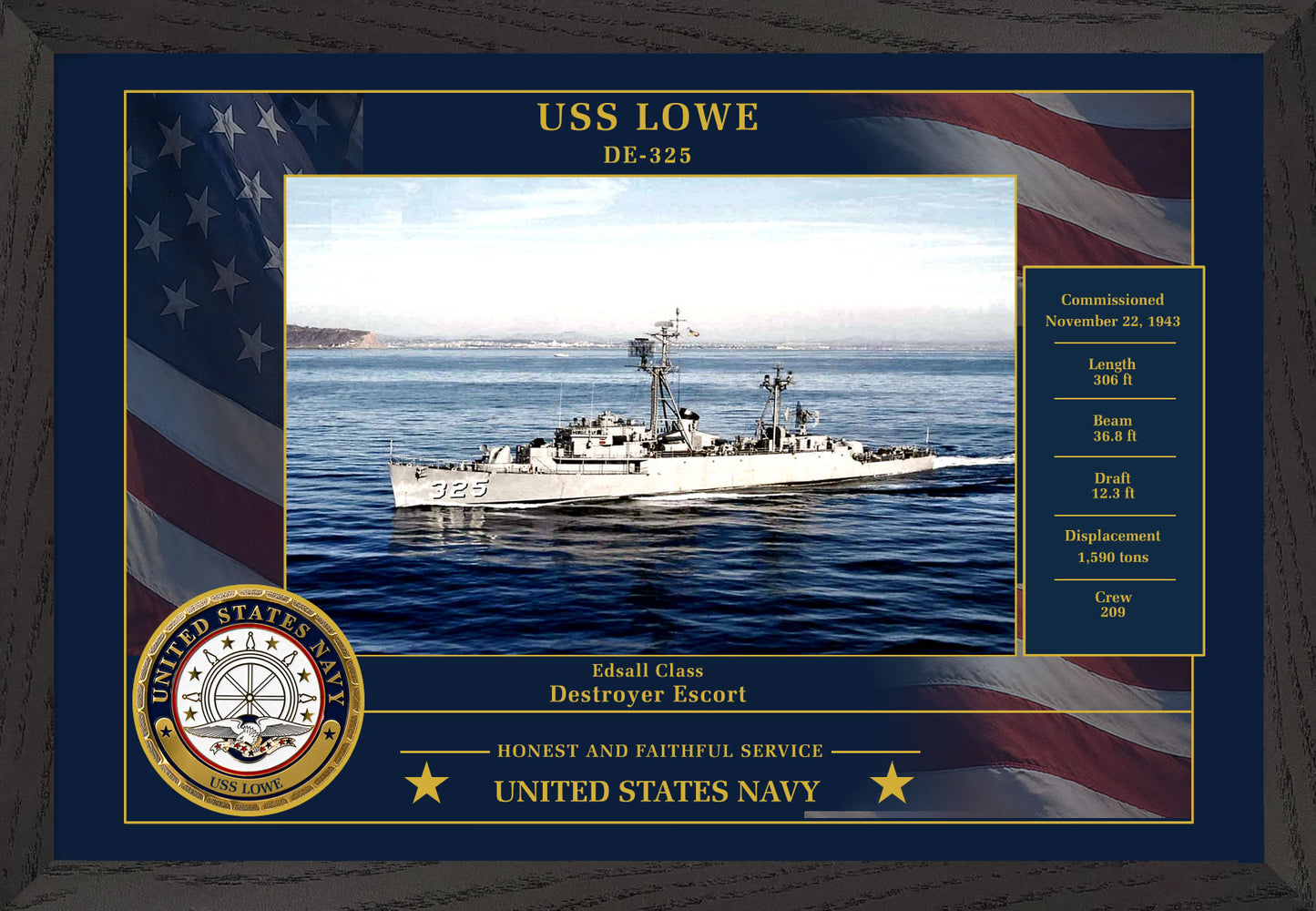 USS Lowe DE-325 Framed Patriotic Photo