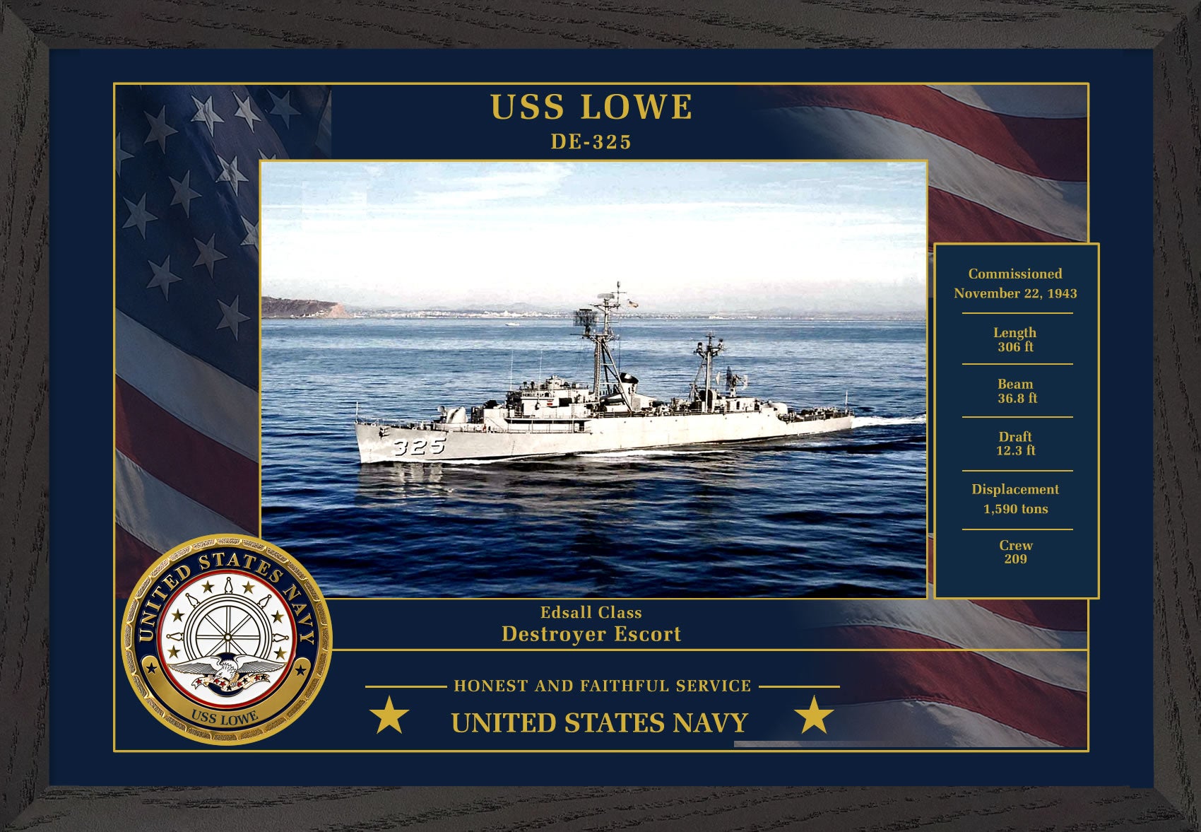 USS Lowe DE-325 Framed Patriotic Photo