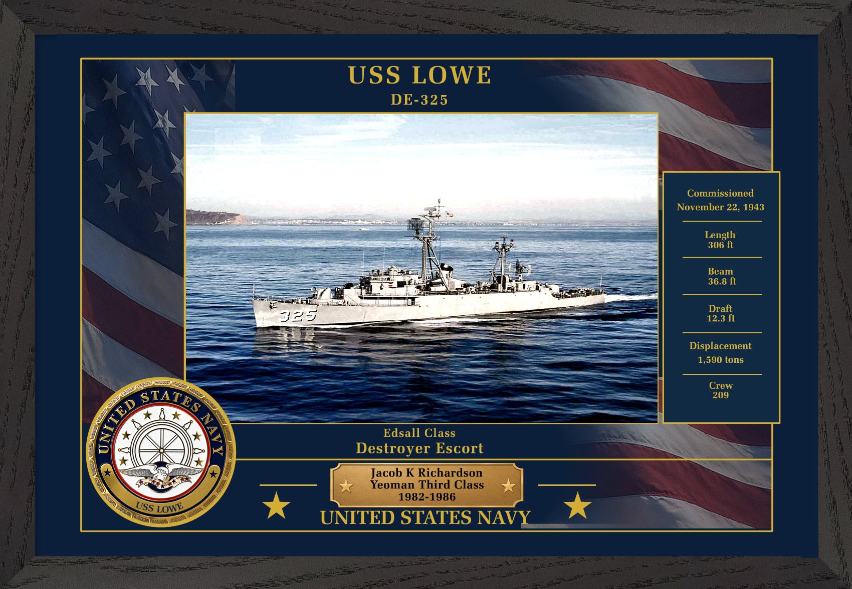 USS Lowe DE-325 Framed Patriotic Photo