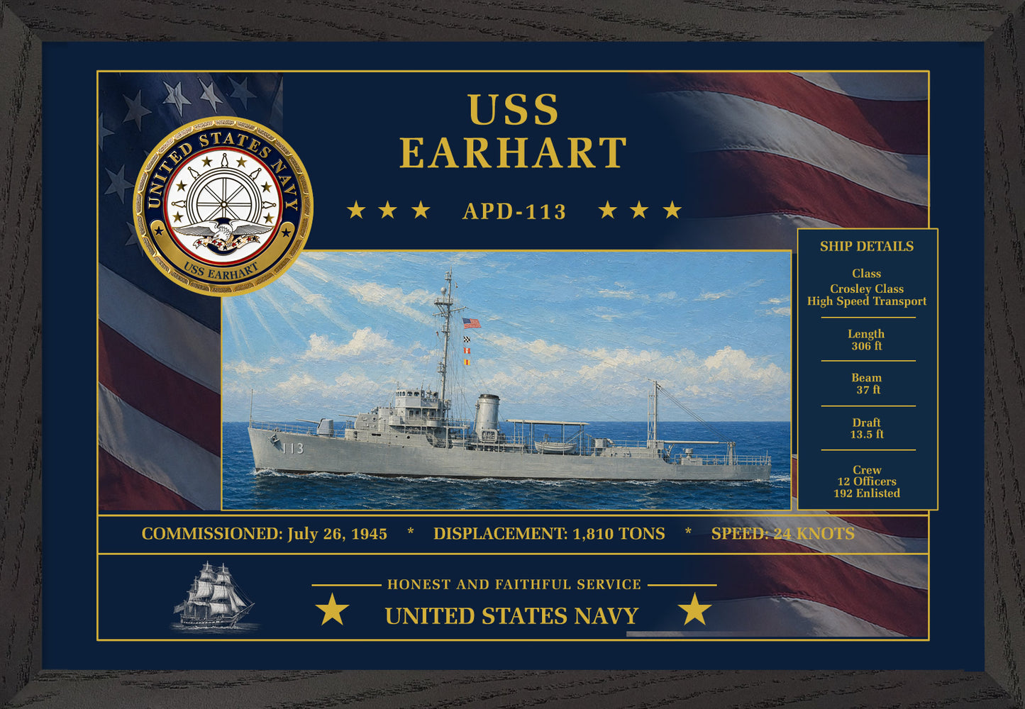 USS Earhart APD-113 Framed Patriotic Art