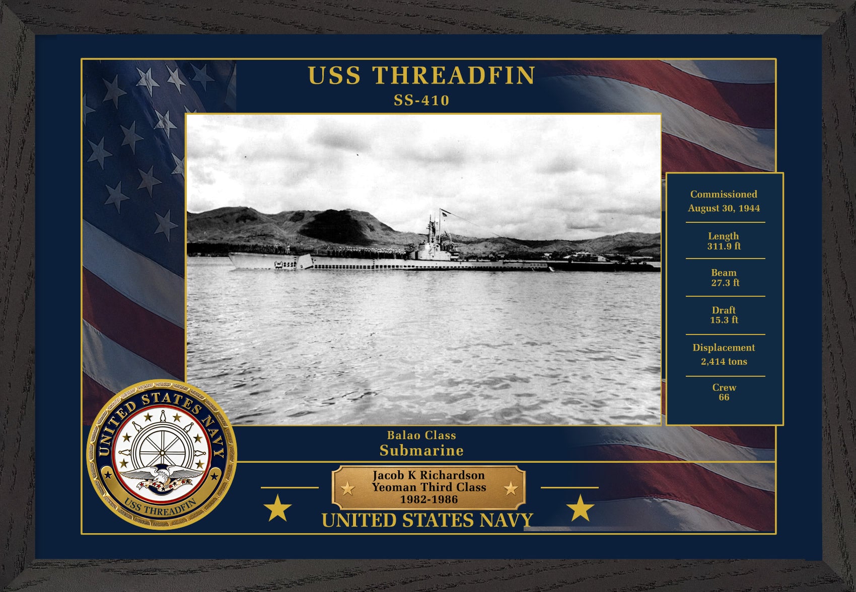 USS Threadfin SS-410 Framed Patriotic Photo