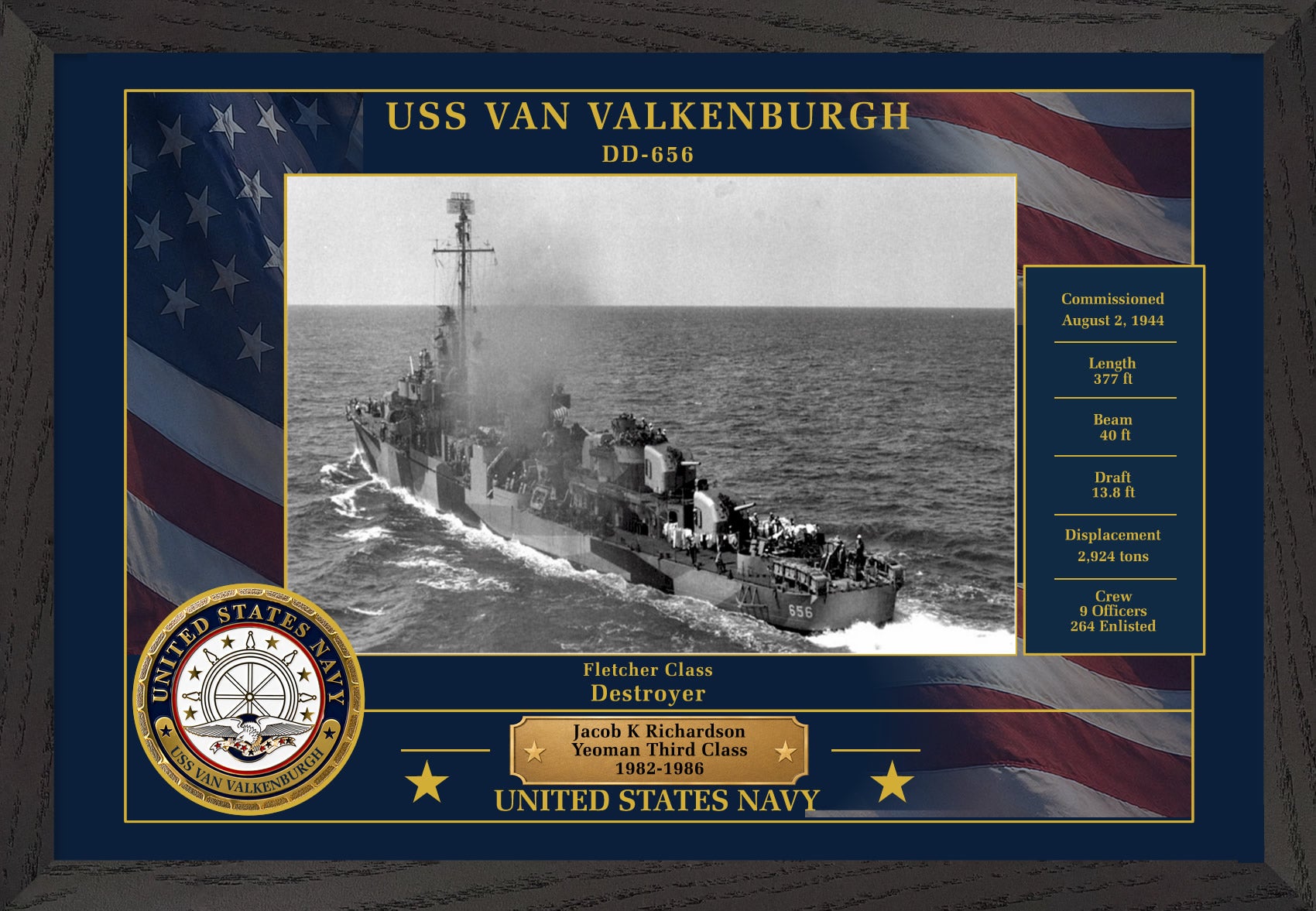 USS Van Valkenburgh DD-656 Framed Patriotic Photo
