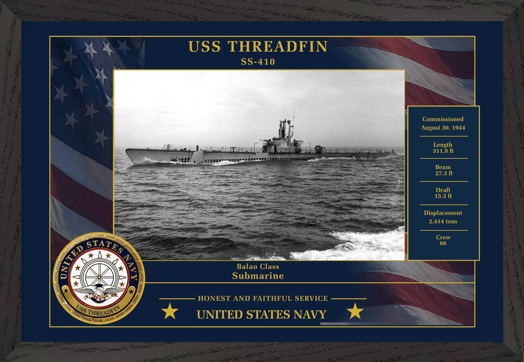 USS Threadfin SS-410 Framed Patriotic Photo
