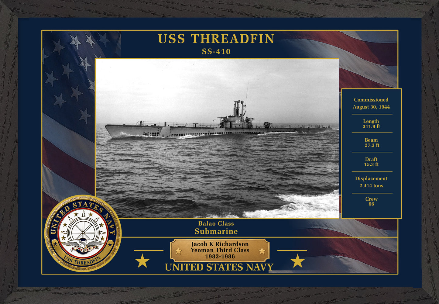 USS Threadfin SS-410 Framed Patriotic Photo
