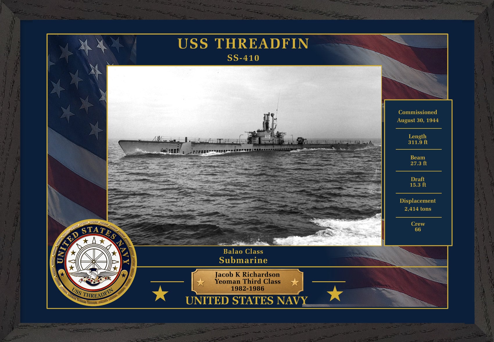 USS Threadfin SS-410 Framed Patriotic Photo