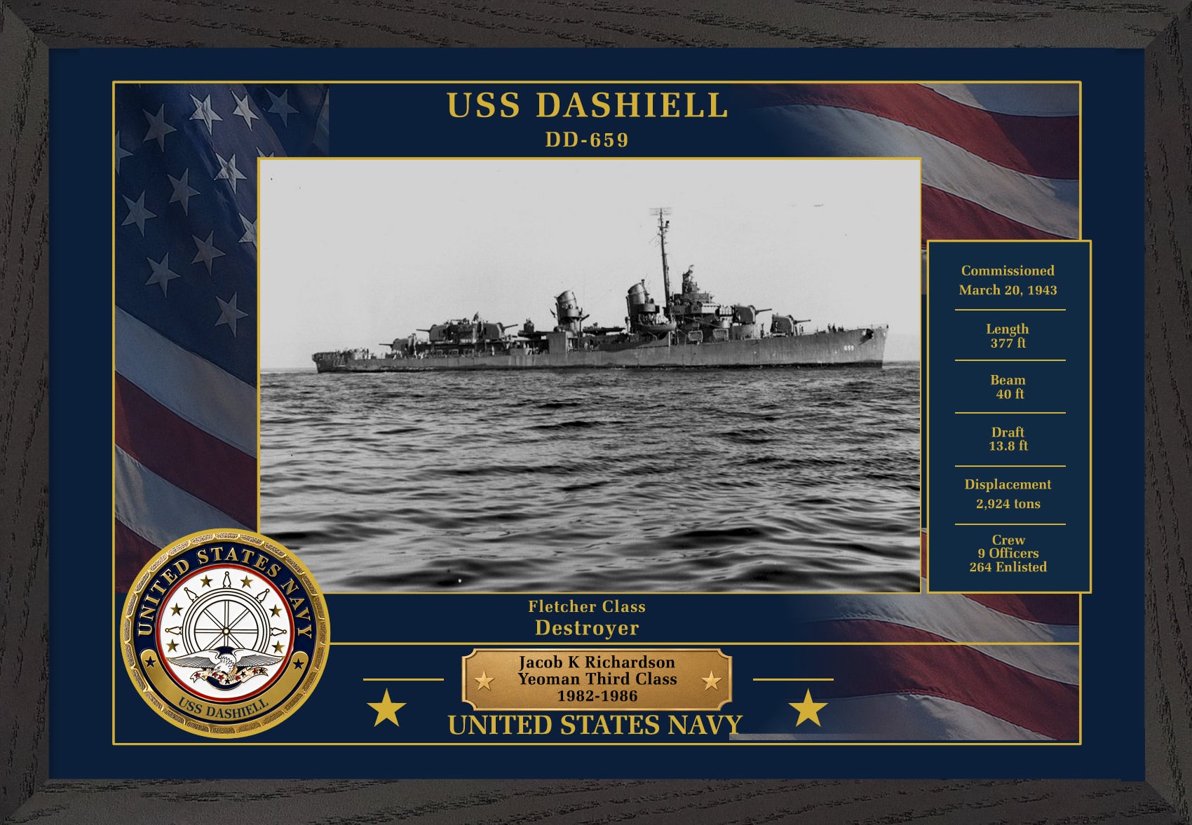 USS Dashiell DD-659 Framed Patriotic Photo