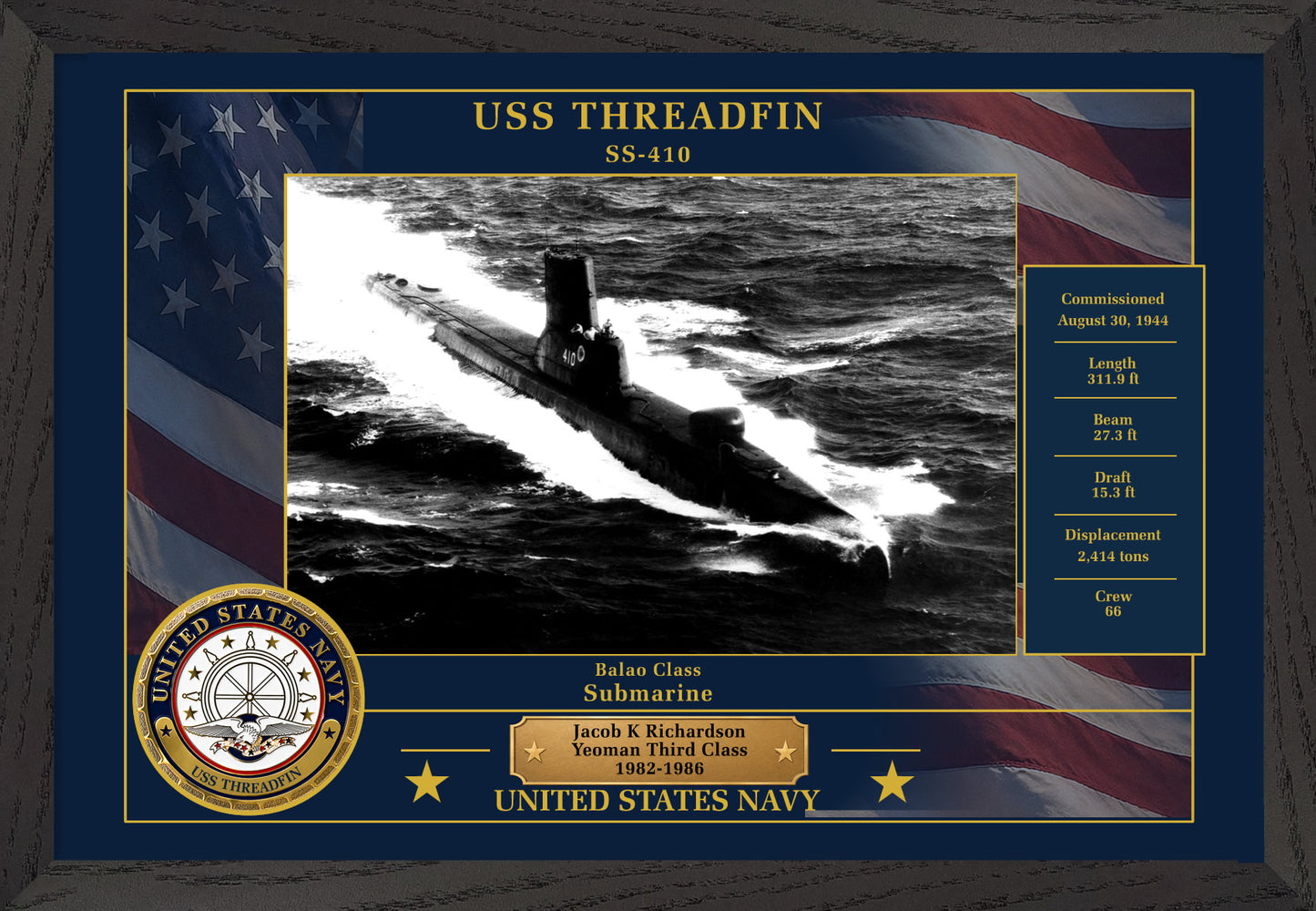 USS Threadfin SS-410 Framed Patriotic Photo
