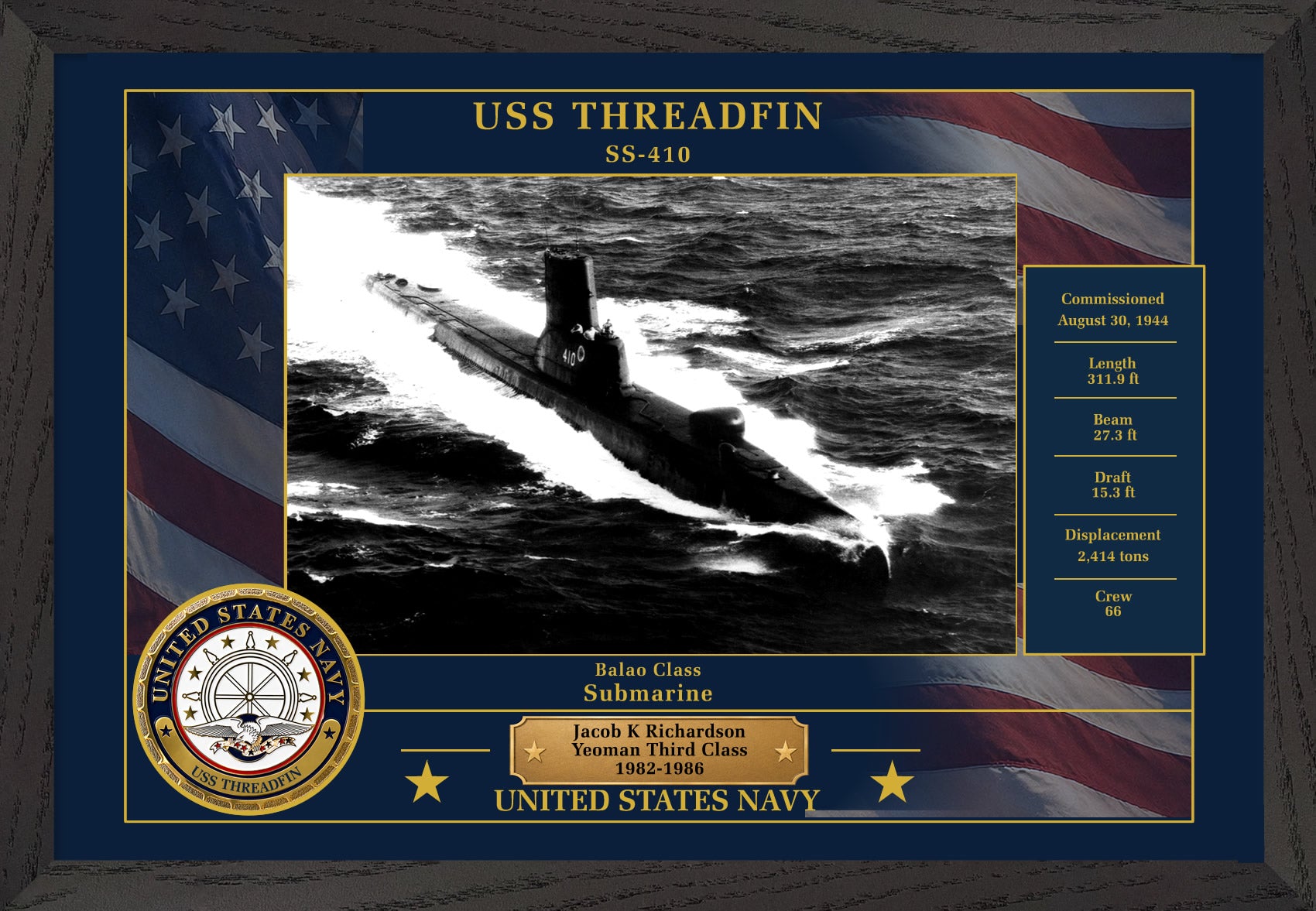 USS Threadfin SS-410 Framed Patriotic Photo