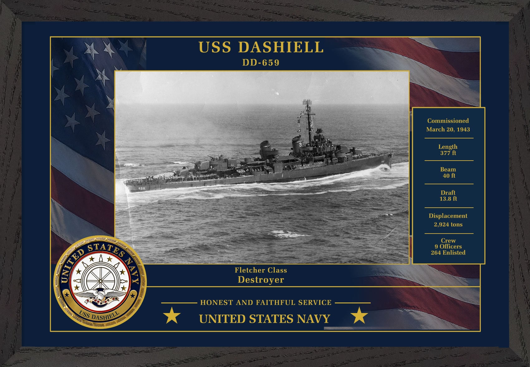 USS Dashiell DD-659 Framed Patriotic Photo