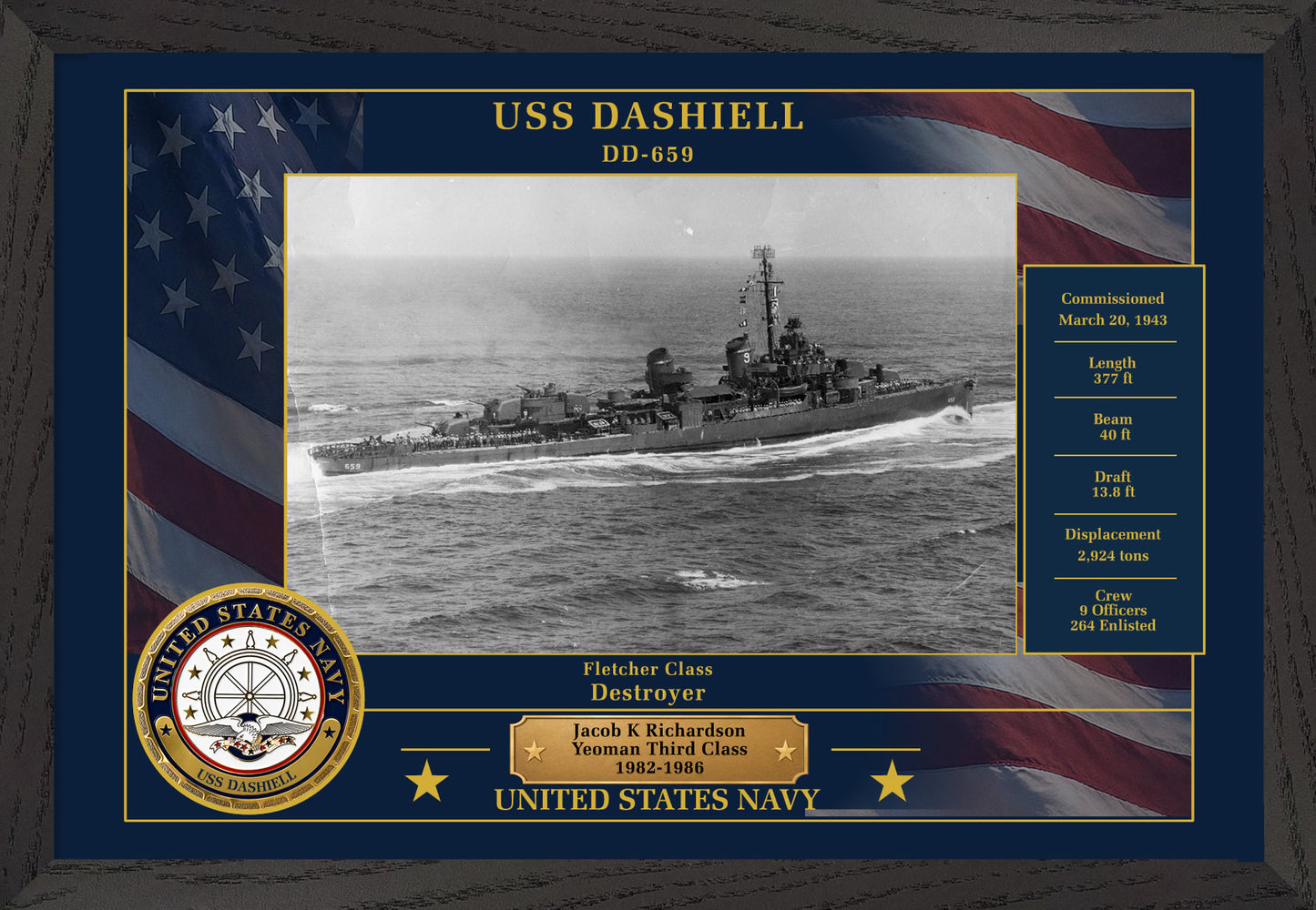 USS Dashiell DD-659 Framed Patriotic Photo