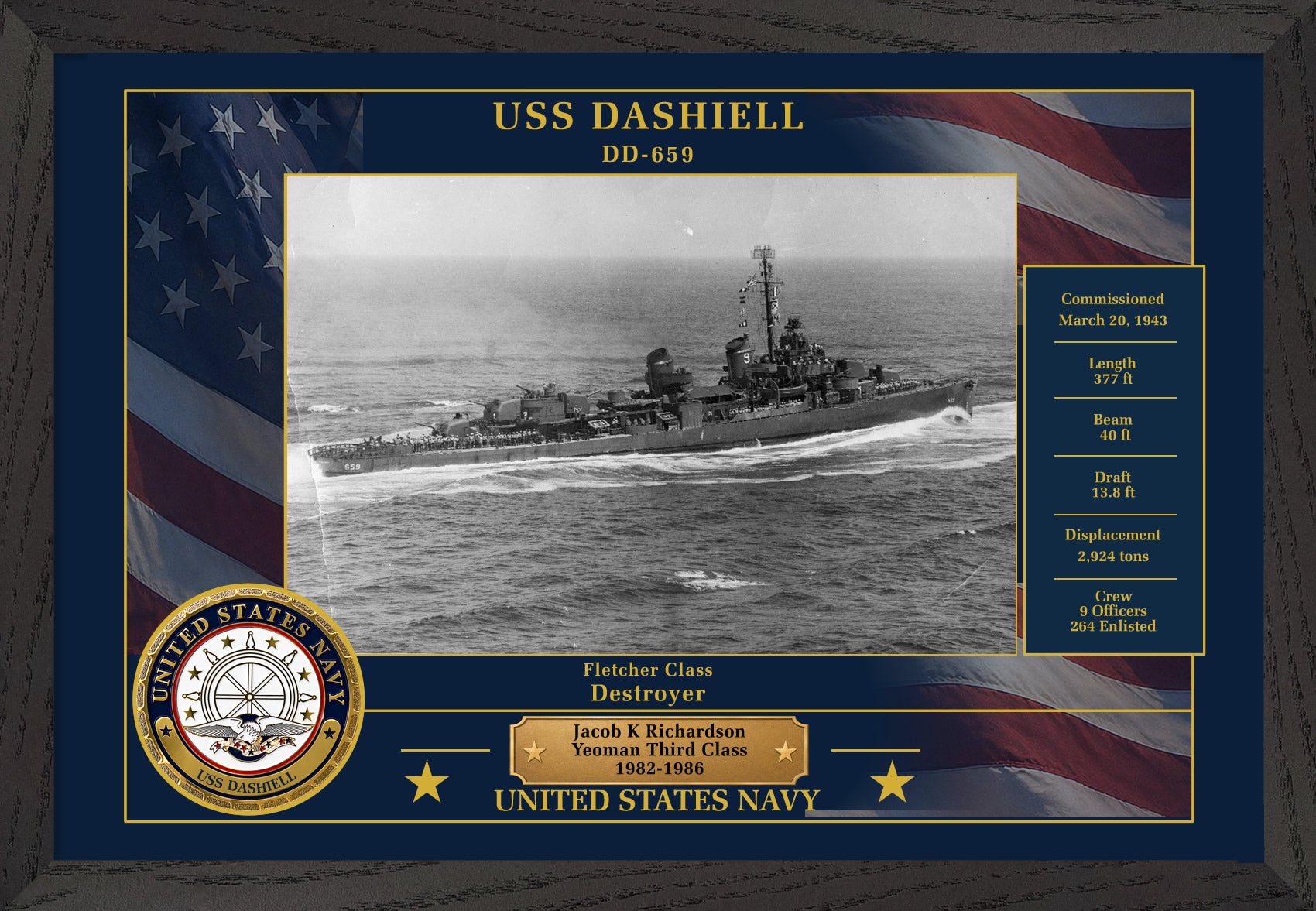 USS Dashiell DD-659 Framed Patriotic Photo