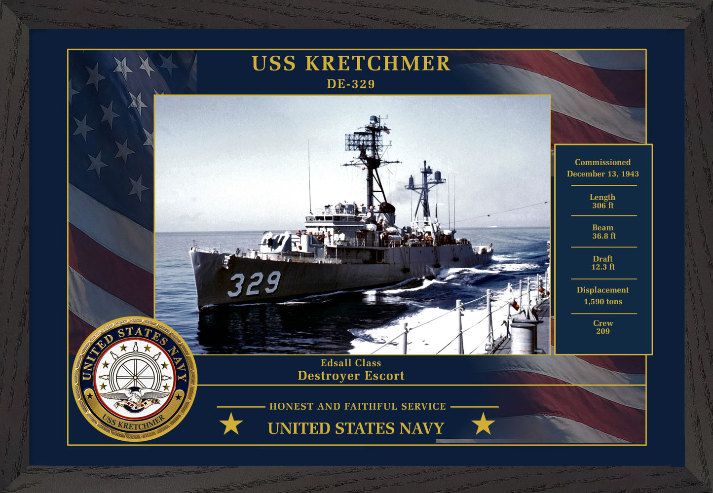 USS Kretchmer DE-329 Framed Patriotic Photo