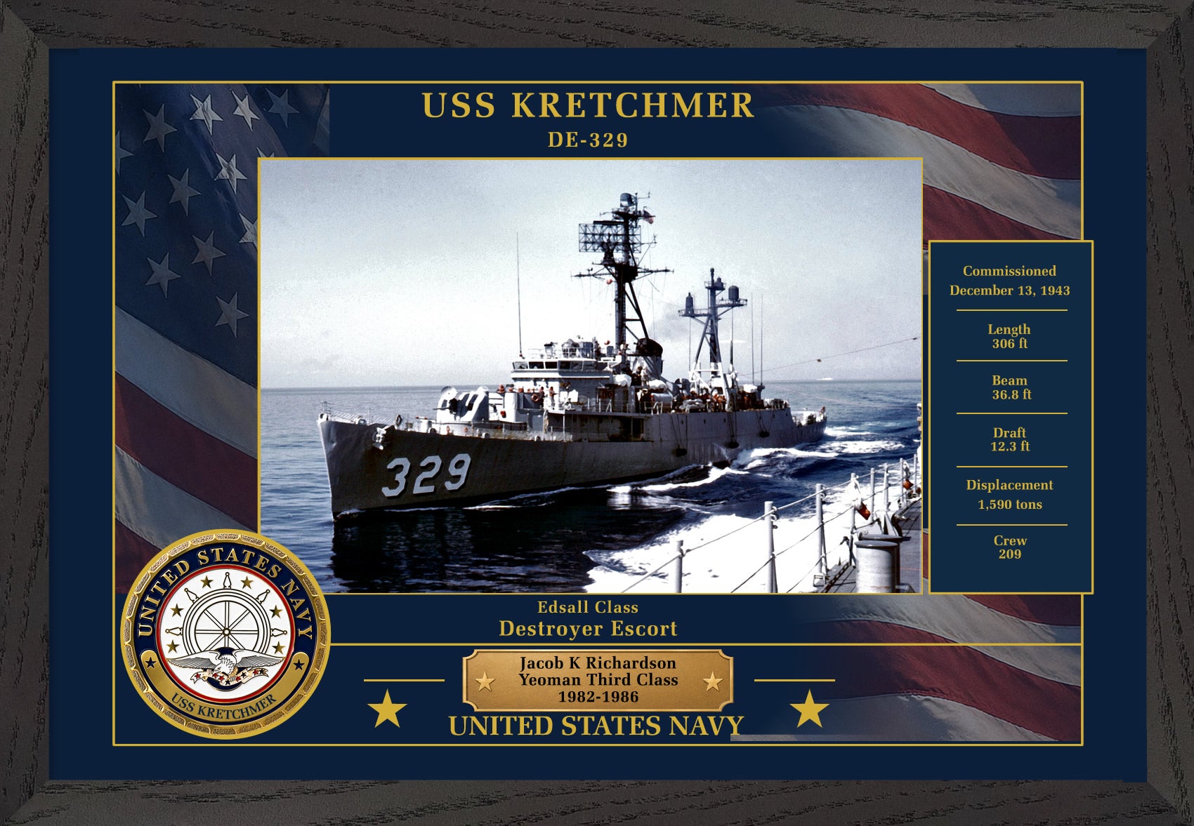 USS Kretchmer DE-329 Framed Patriotic Photo