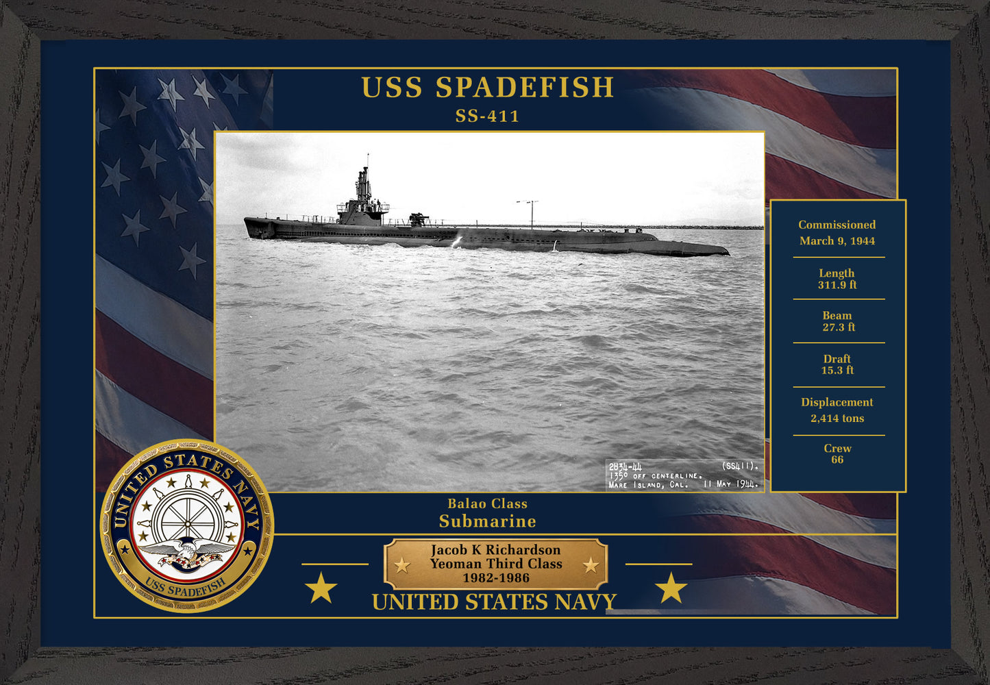 USS Spadefish SS-411 Framed Patriotic Photo