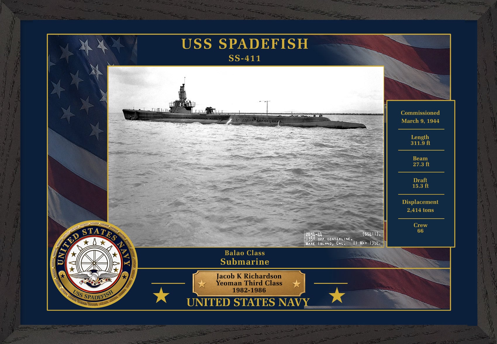 USS Spadefish SS-411 Framed Patriotic Photo