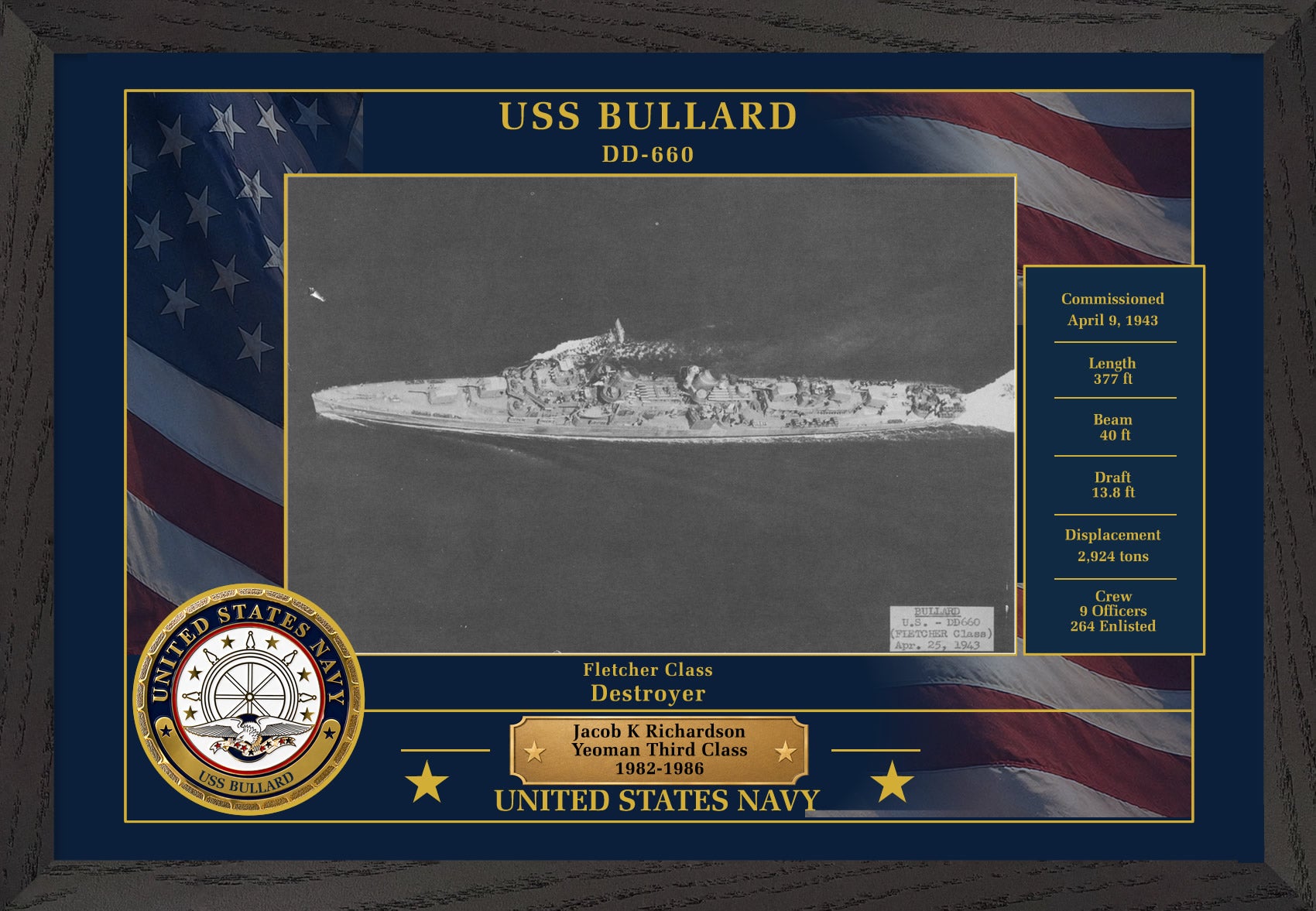 USS Bullard DD-660 Framed Patriotic Photo