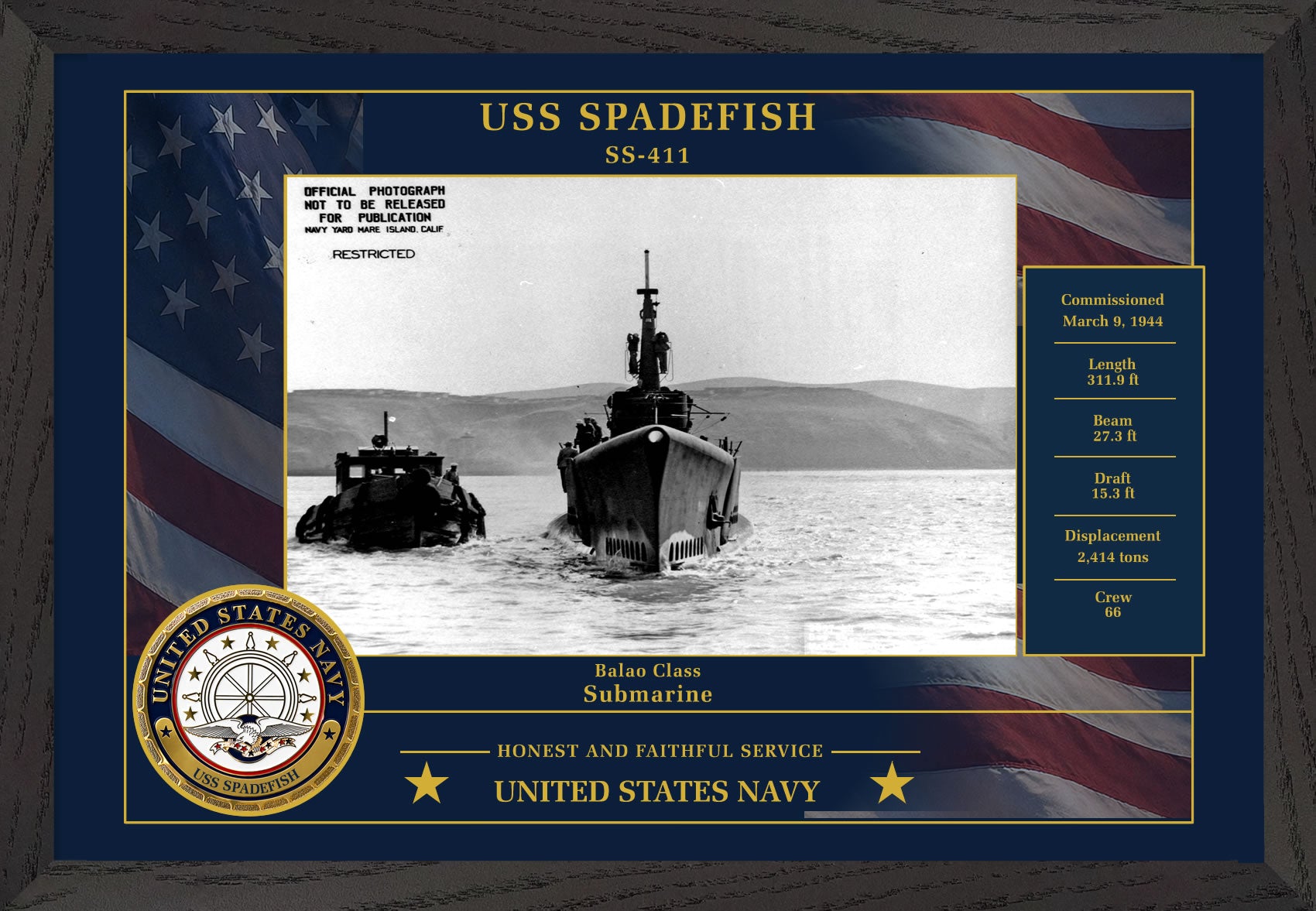 USS Spadefish SS-411 Framed Patriotic Photo