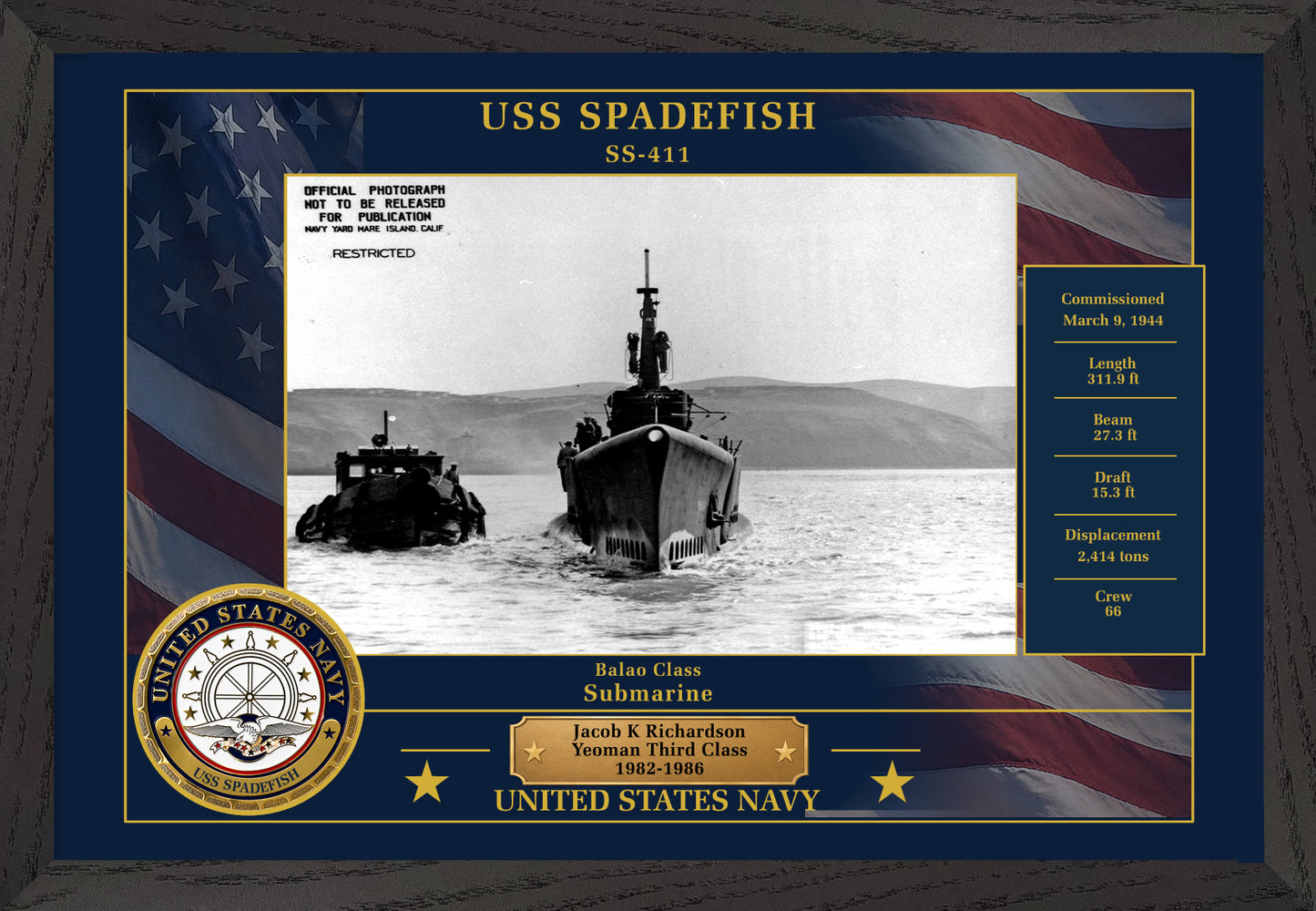 USS Spadefish SS-411 Framed Patriotic Photo