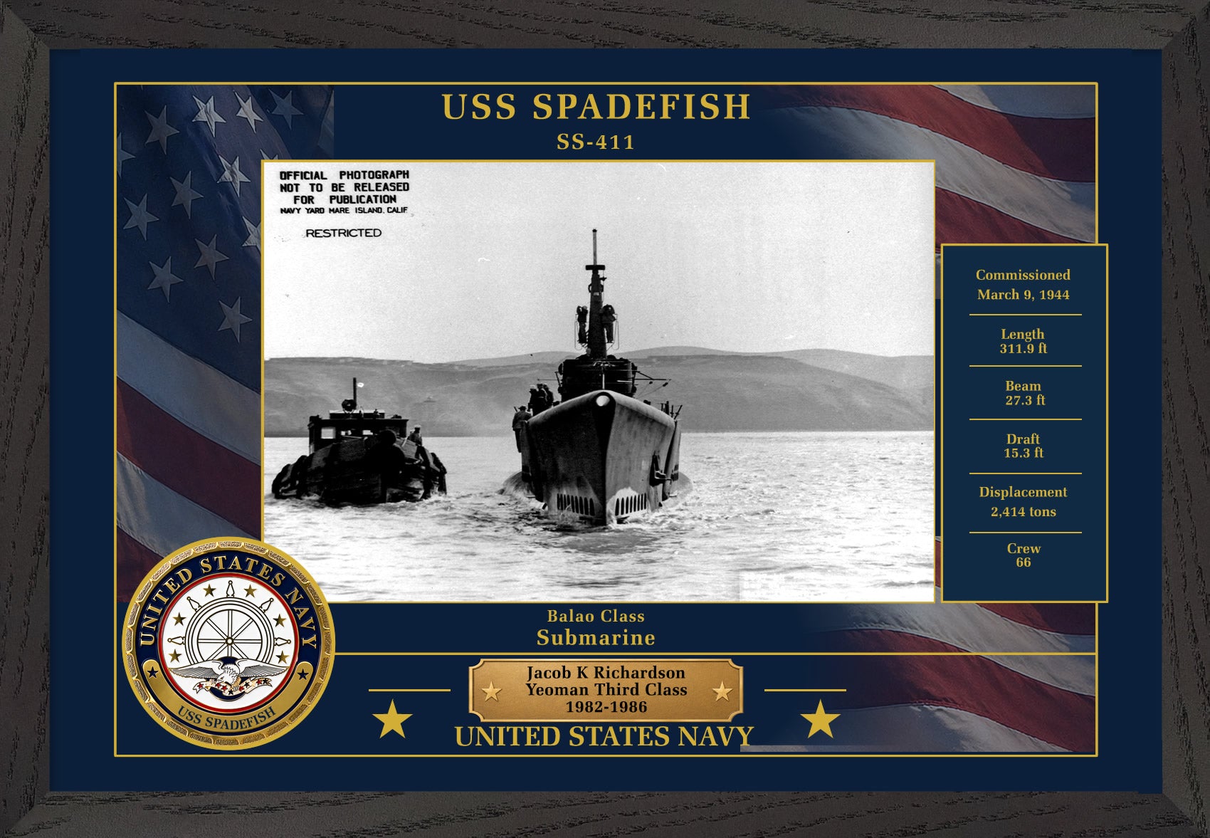 USS Spadefish SS-411 Framed Patriotic Photo