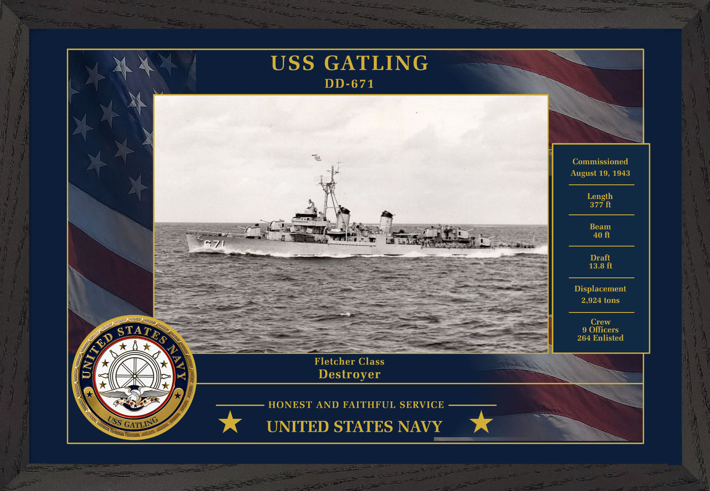 USS Gatling DD-671 Framed Patriotic Photo