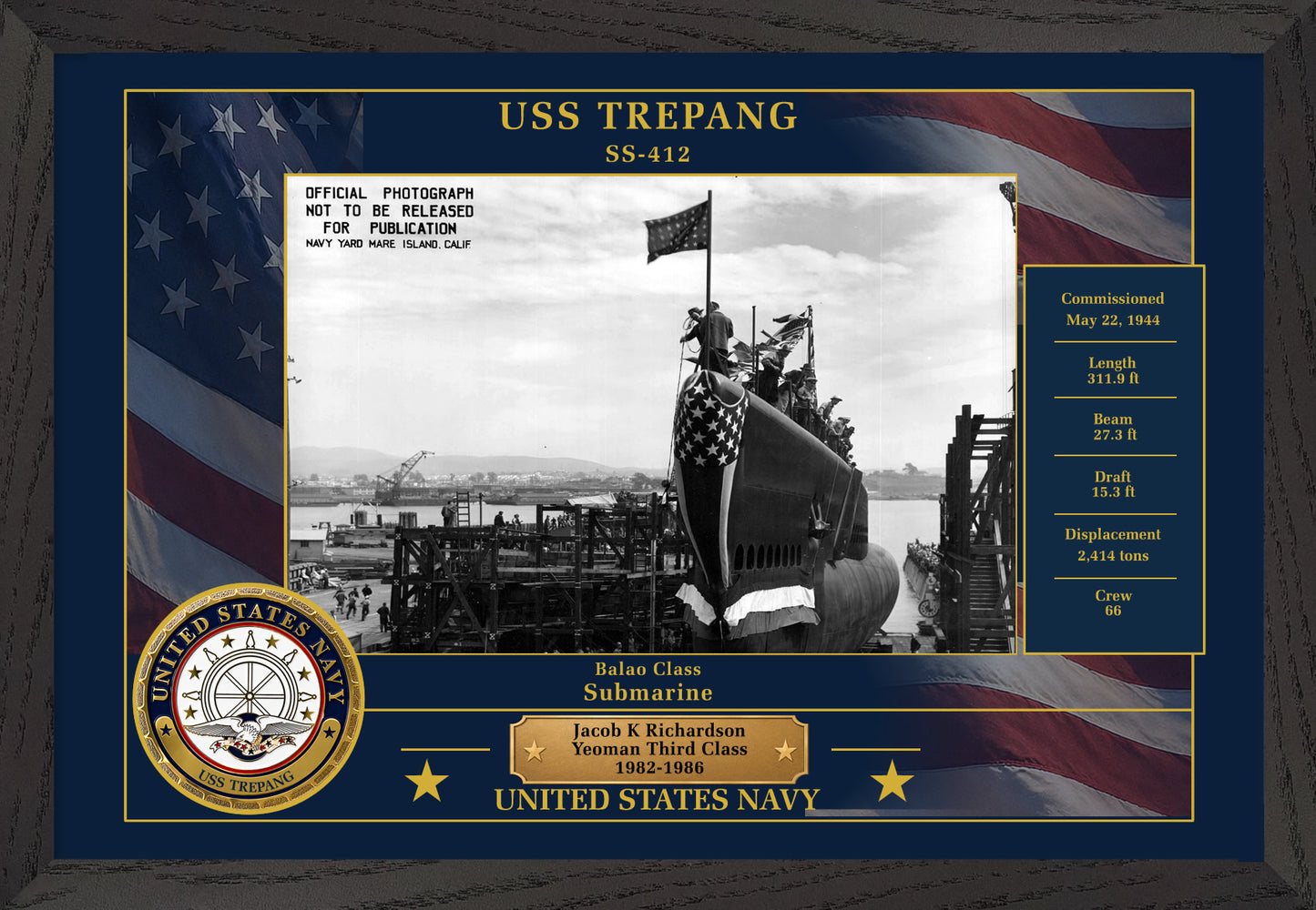 USS Trepang SS-412 Framed Patriotic Photo
