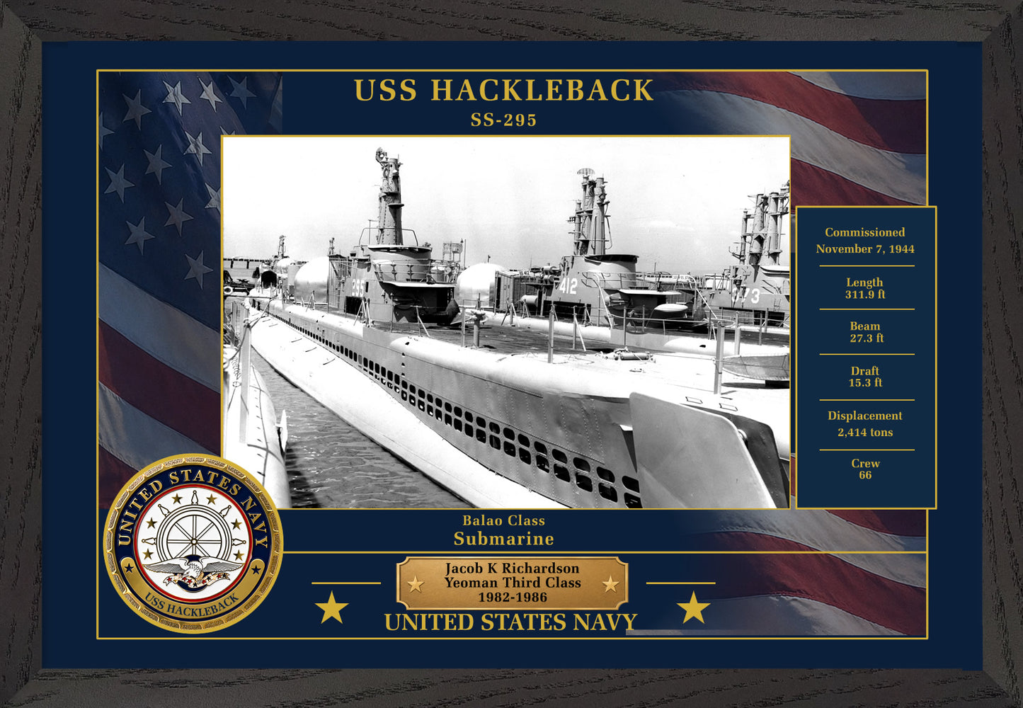 USS Hackleback SS-295 Framed Patriotic Photo