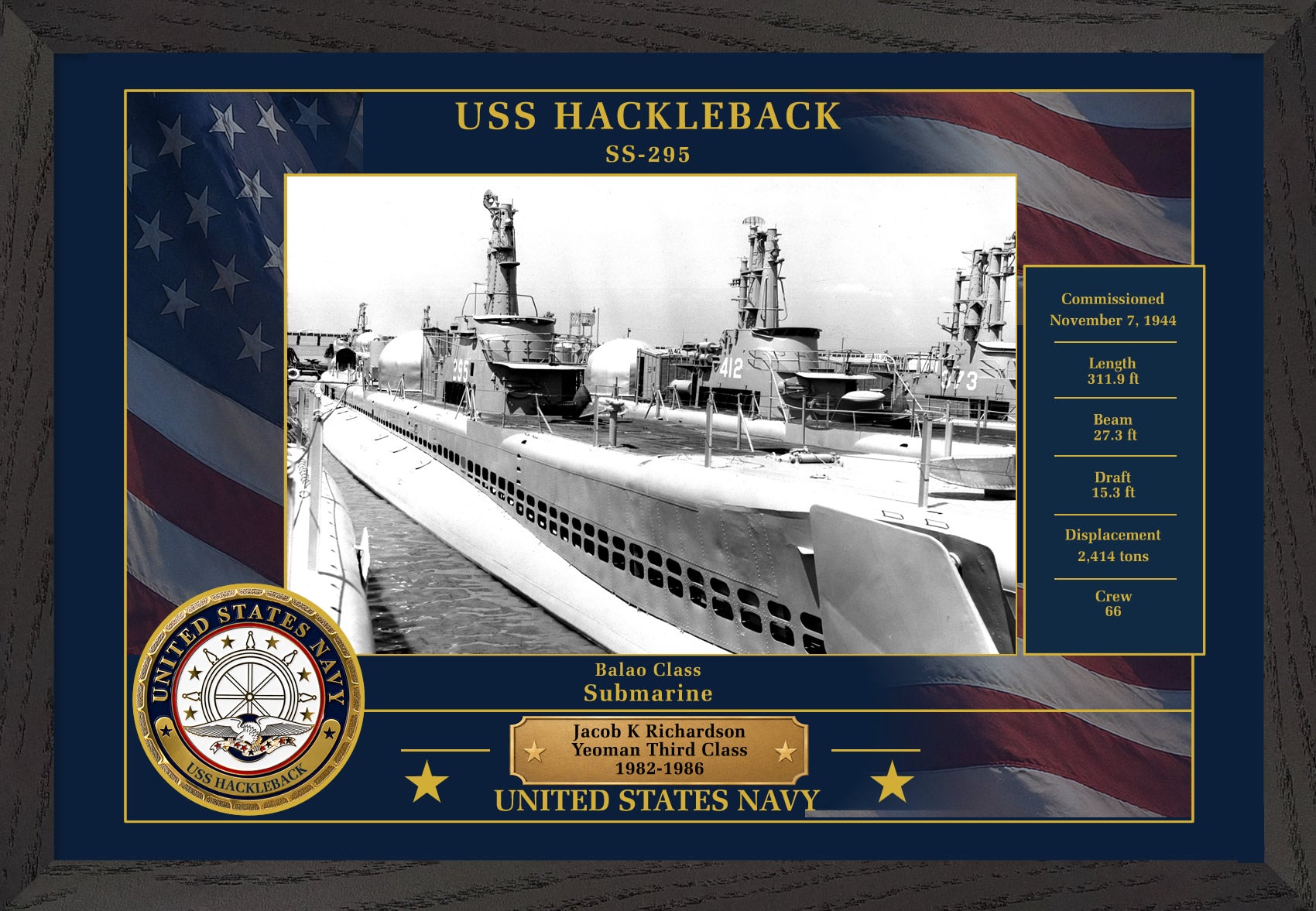 USS Hackleback SS-295 Framed Patriotic Photo