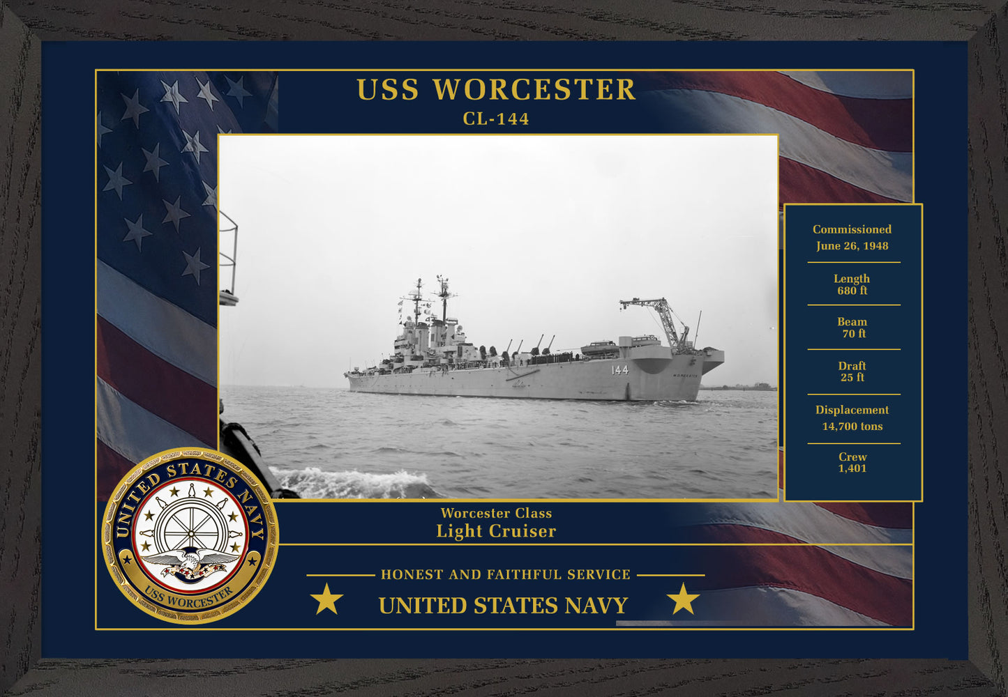 USS Worcester CL-144 Framed Patriotic Photo