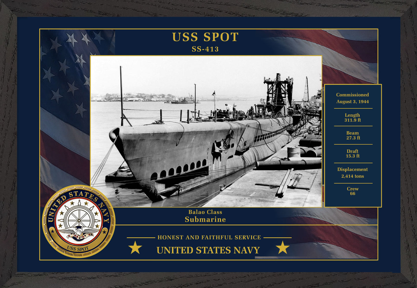USS Spot SS-413 Framed Patriotic Photo