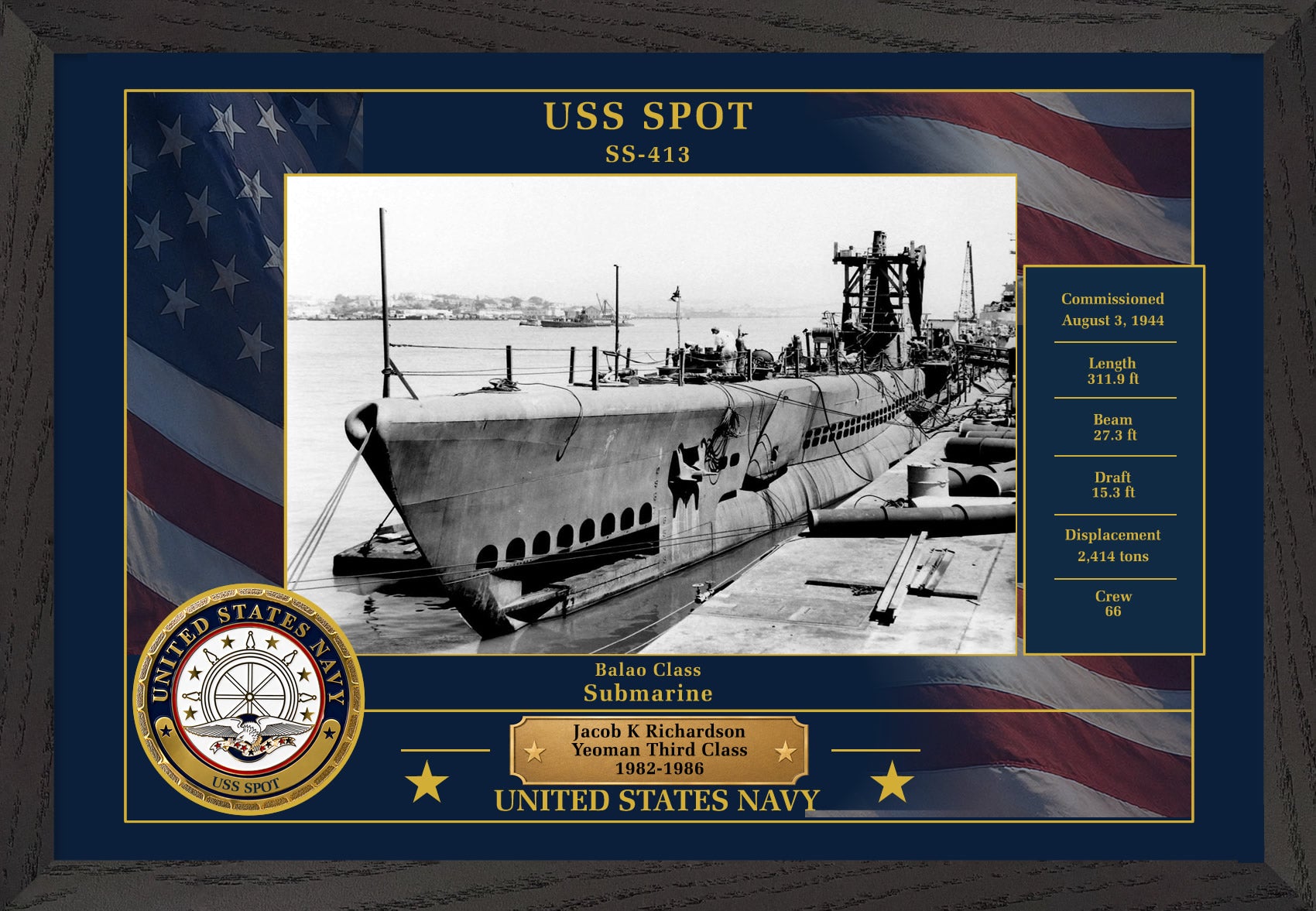 USS Spot SS-413 Framed Patriotic Photo