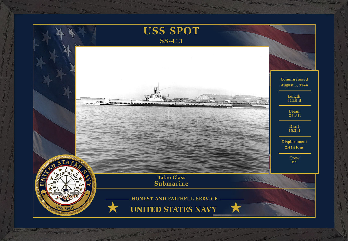 USS Spot SS-413 Framed Patriotic Photo