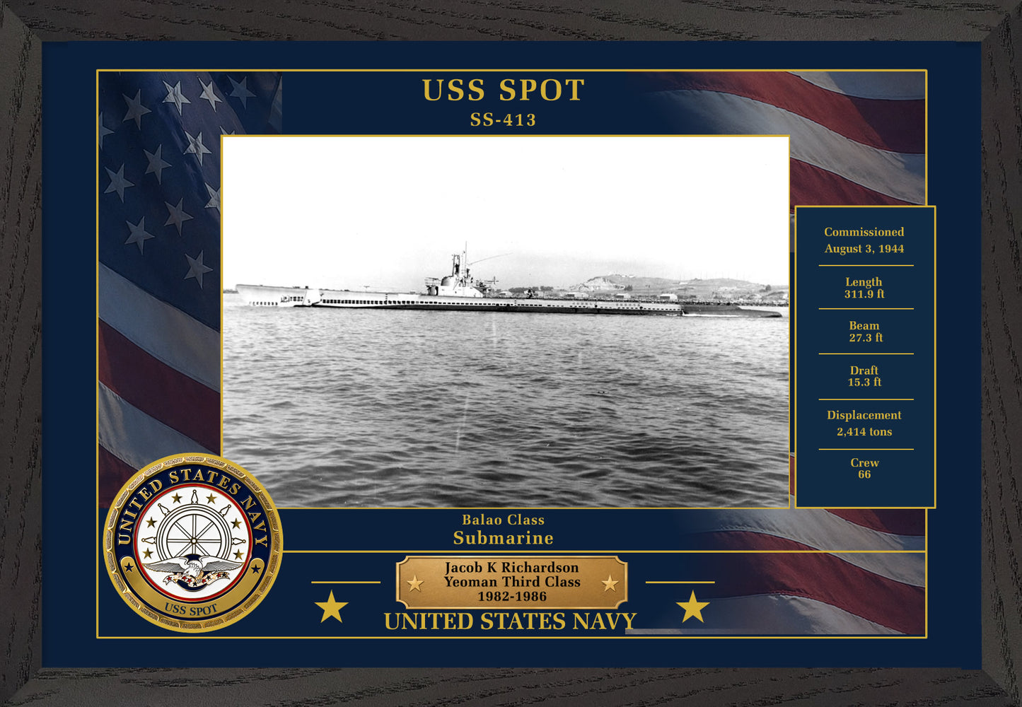 USS Spot SS-413 Framed Patriotic Photo