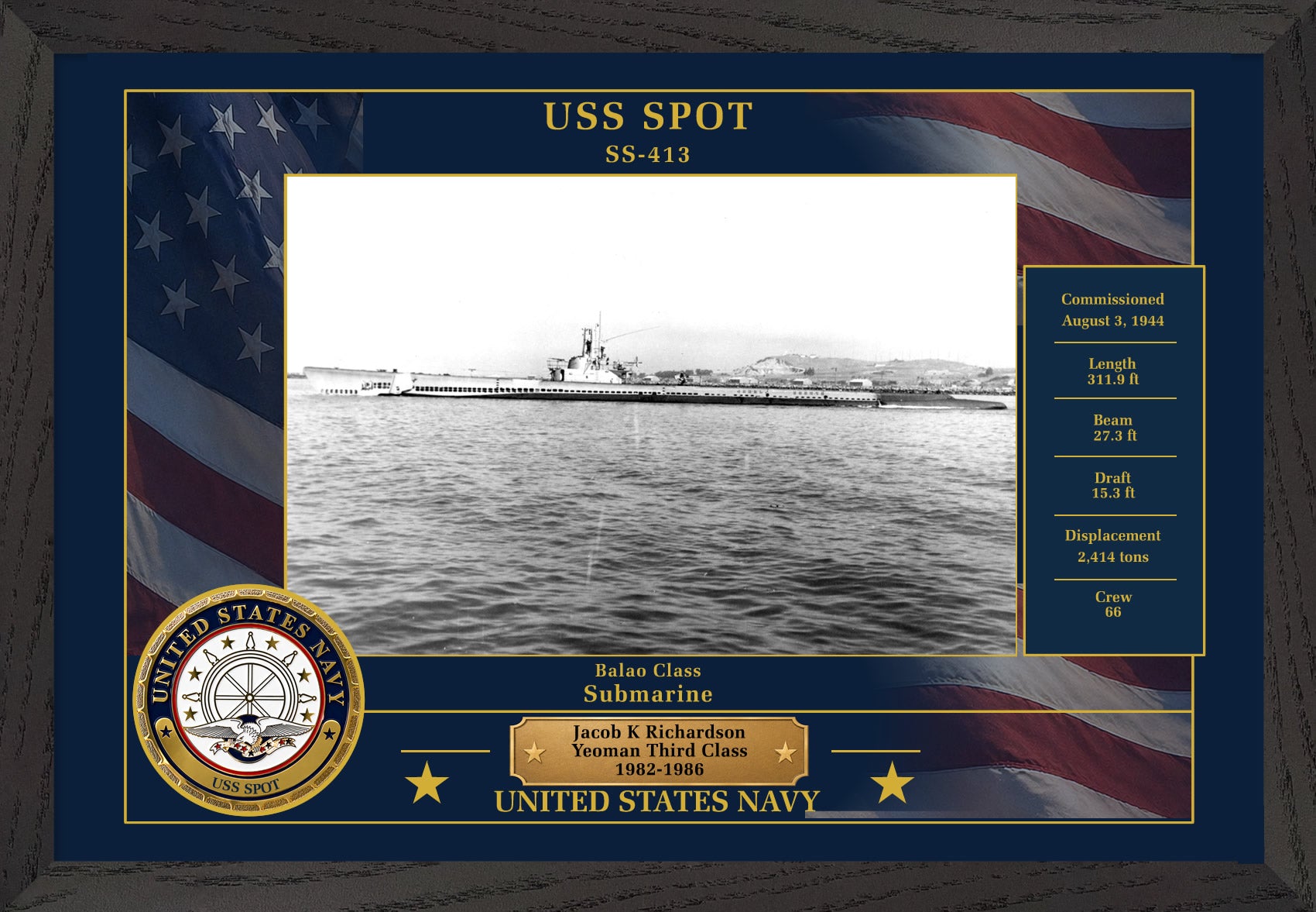 USS Spot SS-413 Framed Patriotic Photo