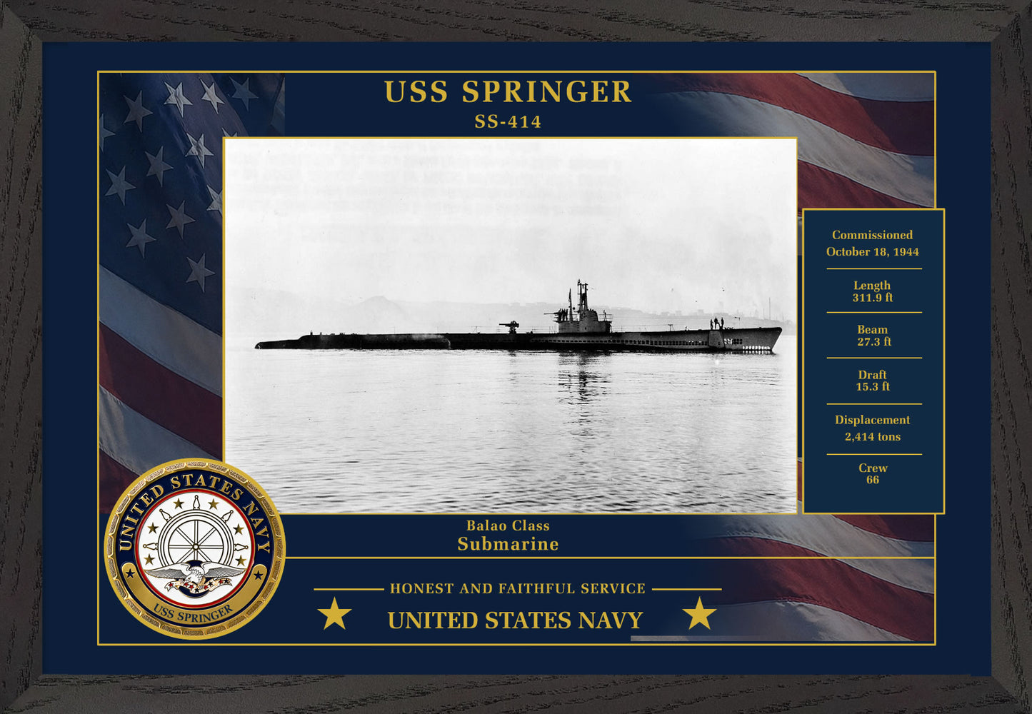 USS Springer SS-414 Framed Patriotic Photo