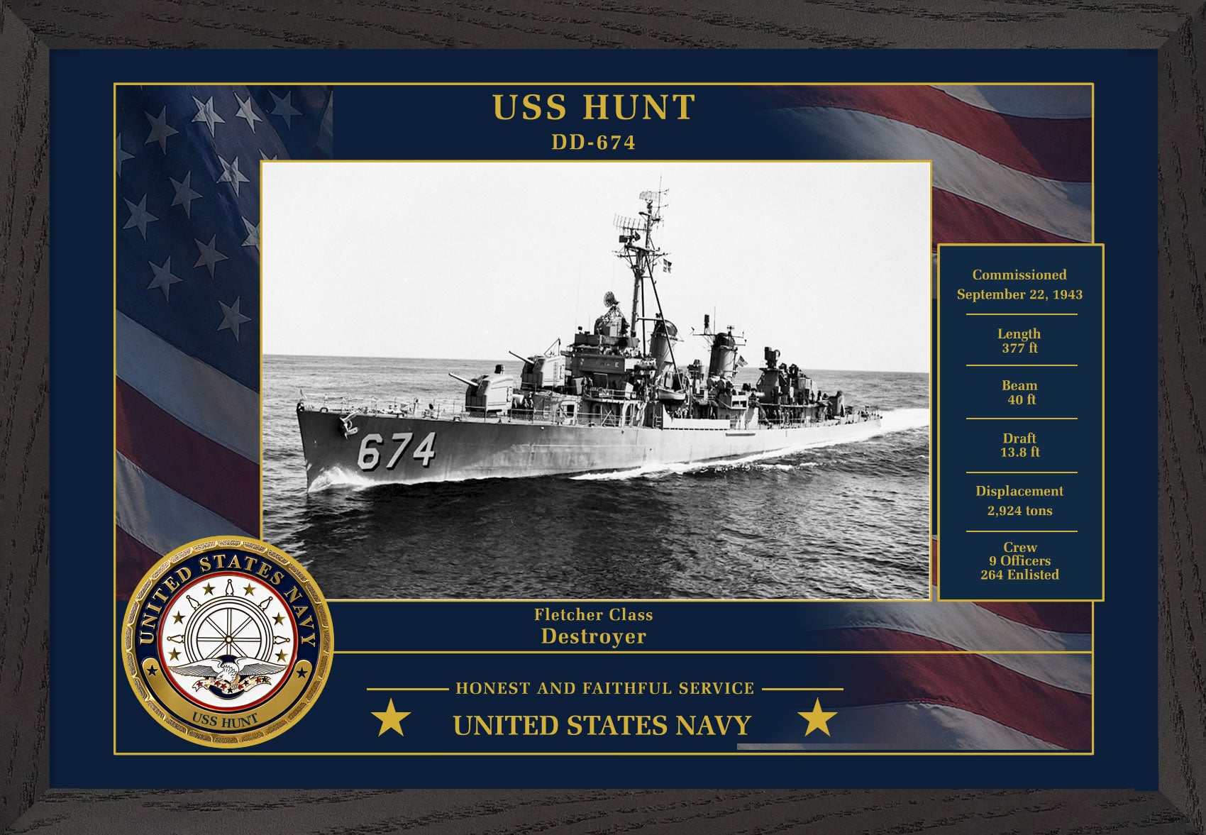 USS Hunt DD-674 Framed Patriotic Photo