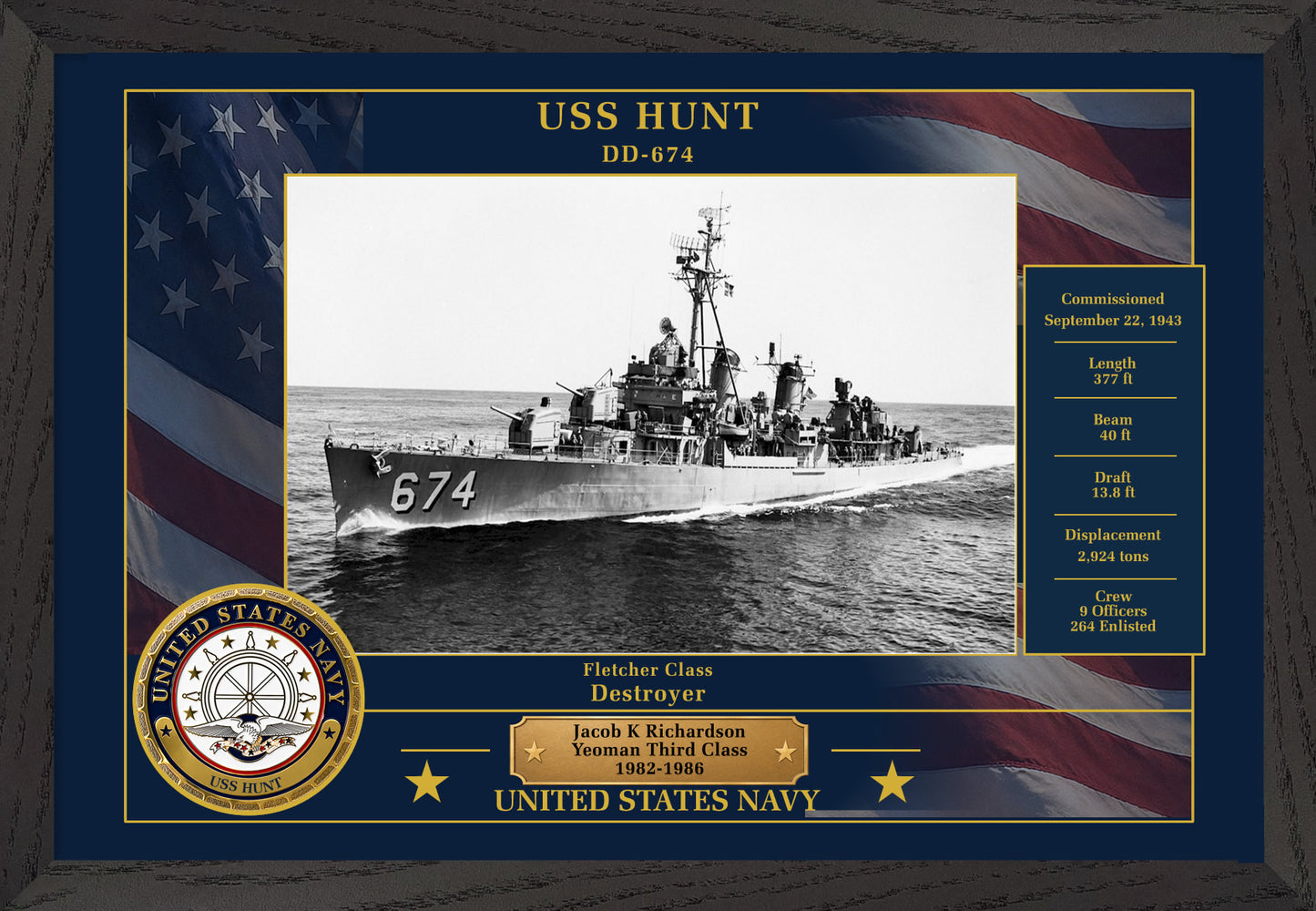 USS Hunt DD-674 Framed Patriotic Photo