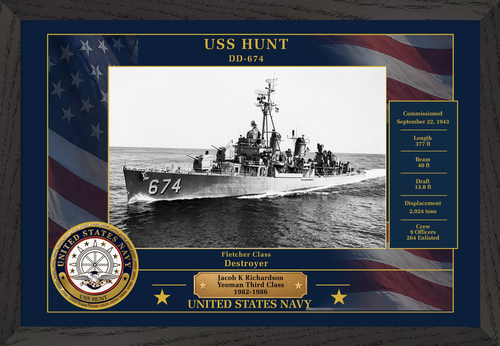 USS Hunt DD-674 Framed Patriotic Photo