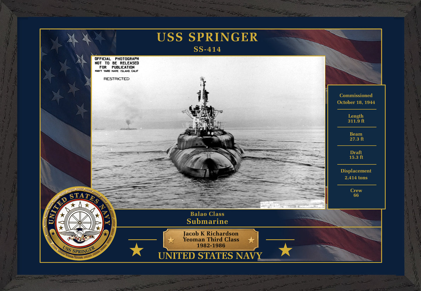 USS Springer SS-414 Framed Patriotic Photo