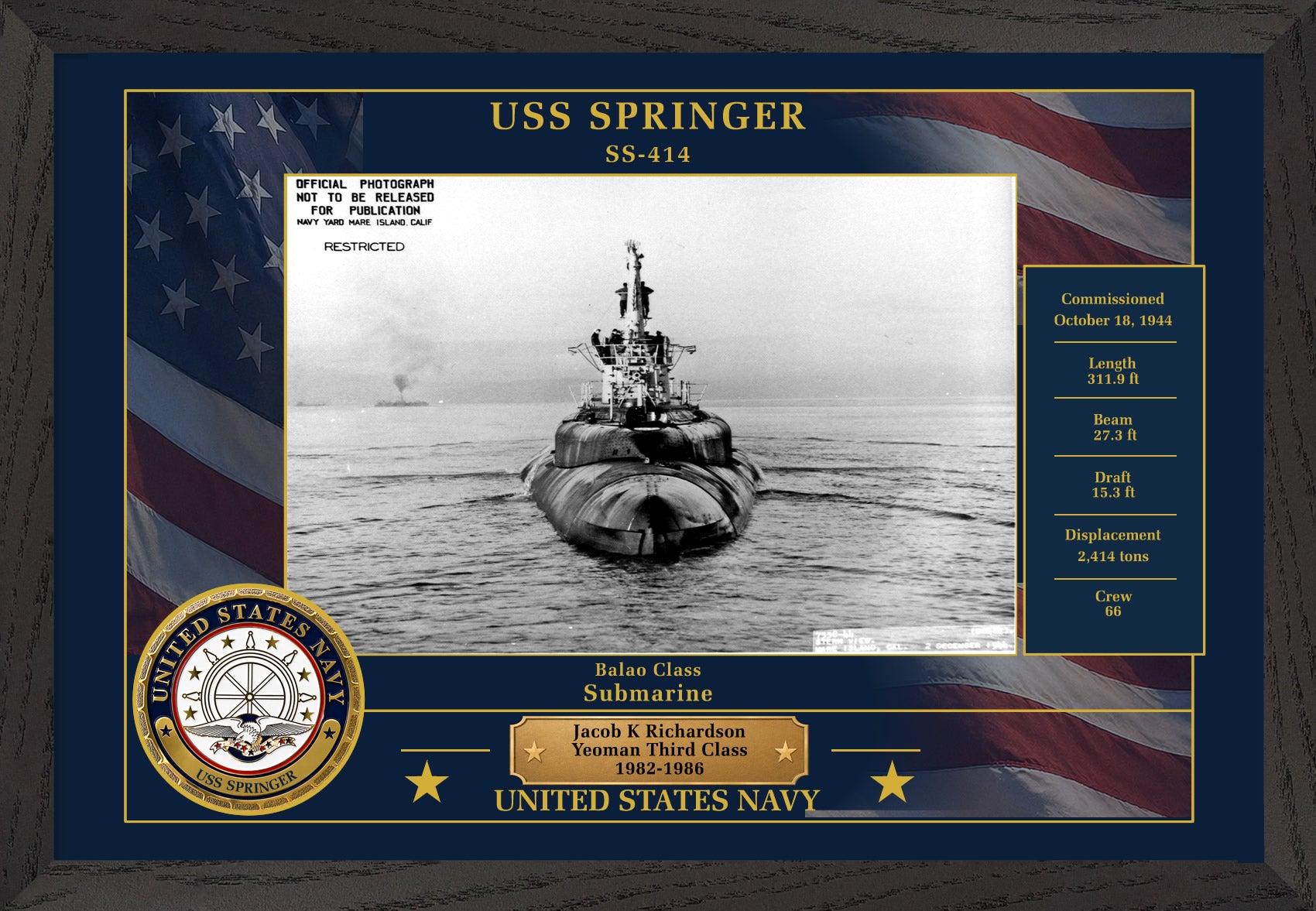 USS Springer SS-414 Framed Patriotic Photo
