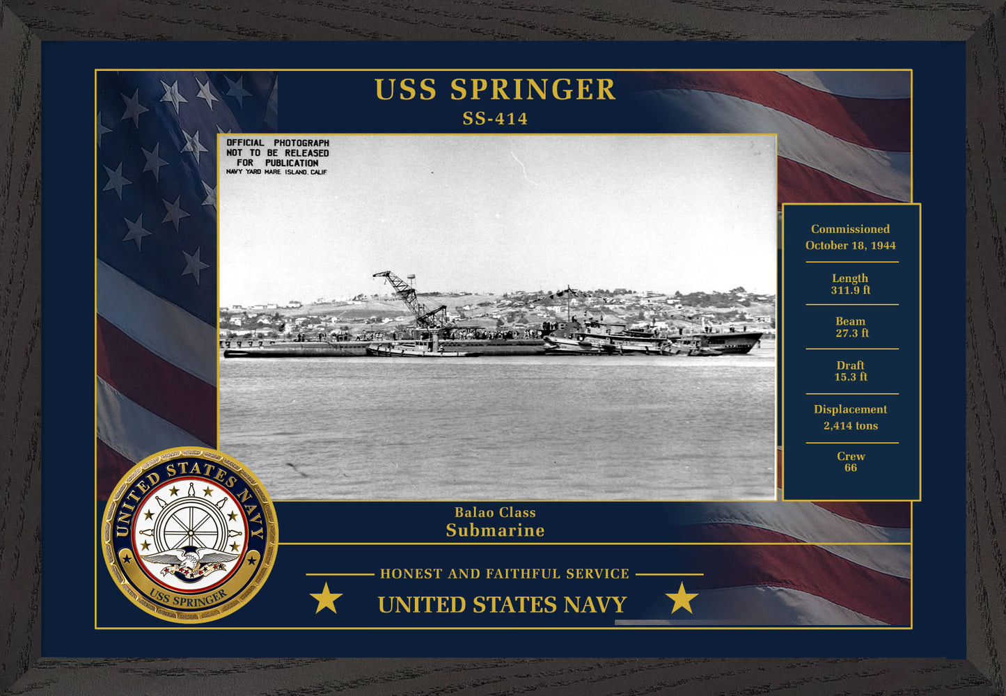 USS Springer SS-414 Framed Patriotic Photo