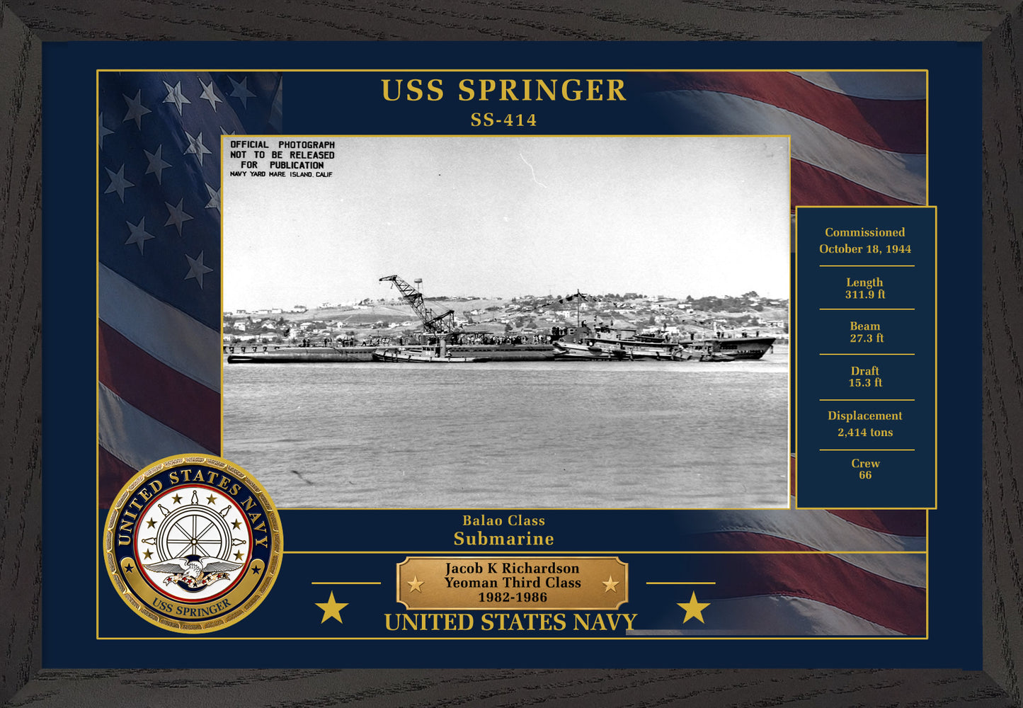 USS Springer SS-414 Framed Patriotic Photo