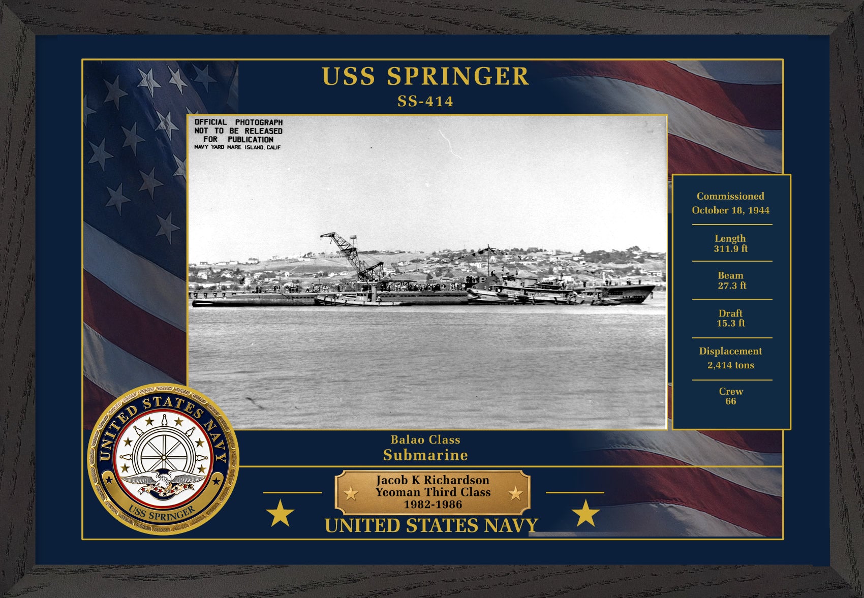 USS Springer SS-414 Framed Patriotic Photo