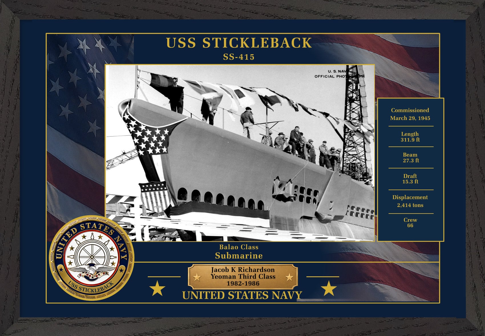USS Stickleback SS-415 Framed Patriotic Photo