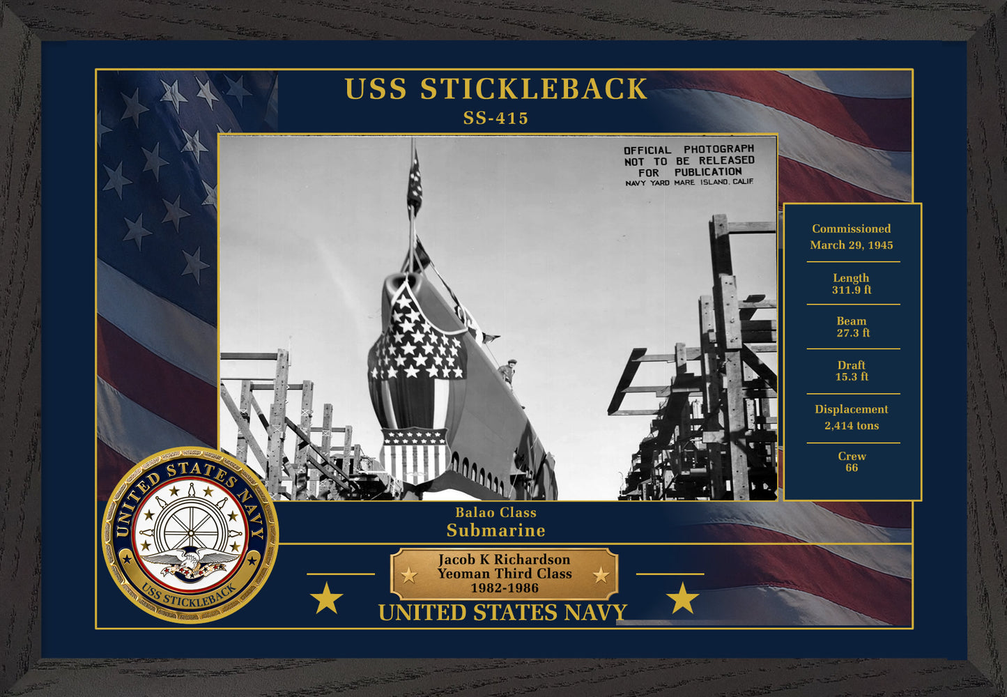 USS Stickleback SS-415 Framed Patriotic Photo