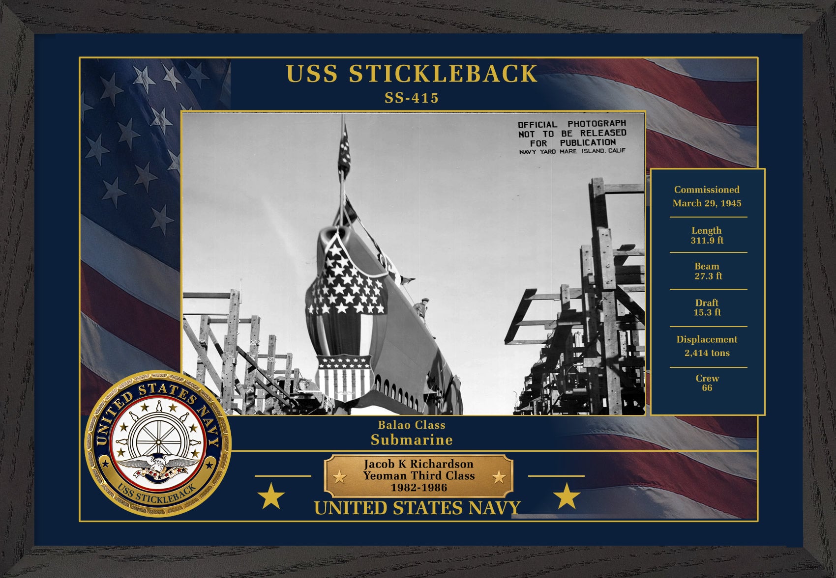 USS Stickleback SS-415 Framed Patriotic Photo